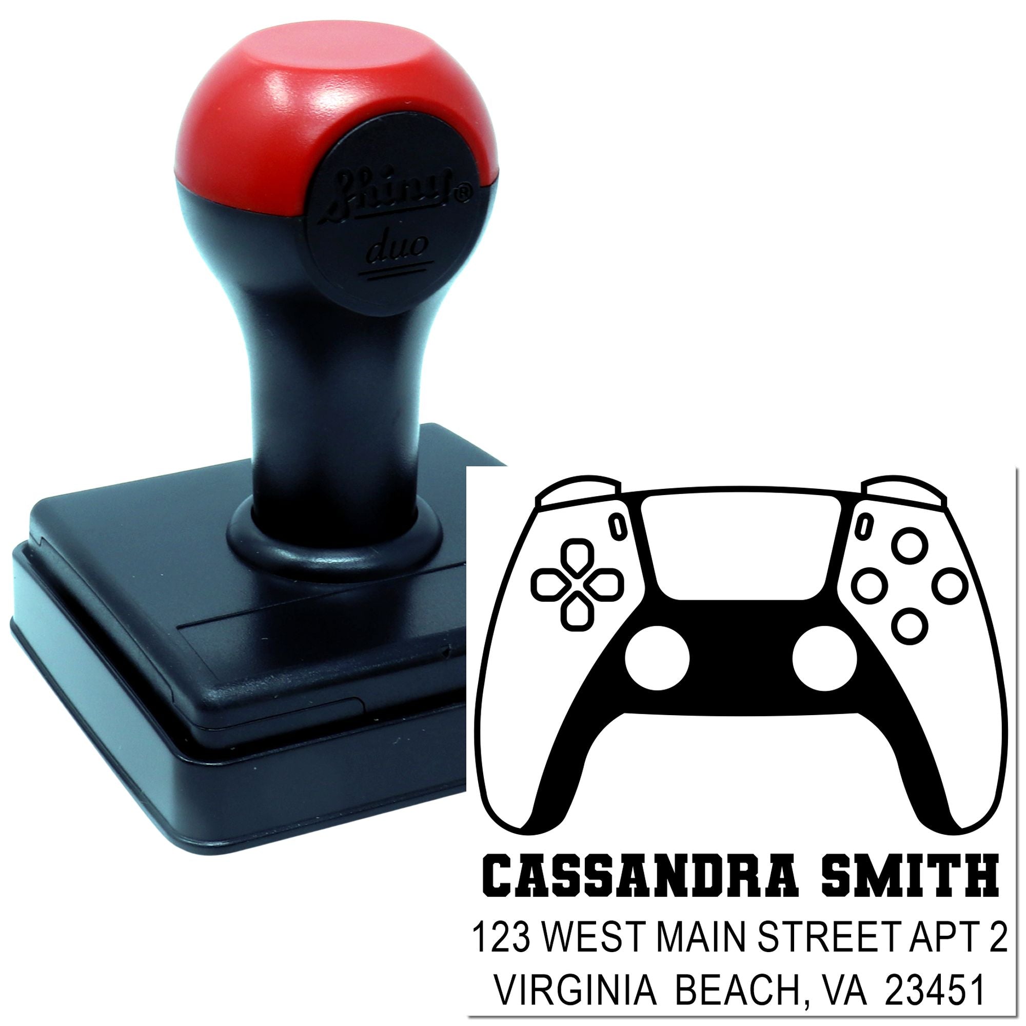 Custom self-inking rubber stamp with gaming controller design for personalized return address and mailing labels