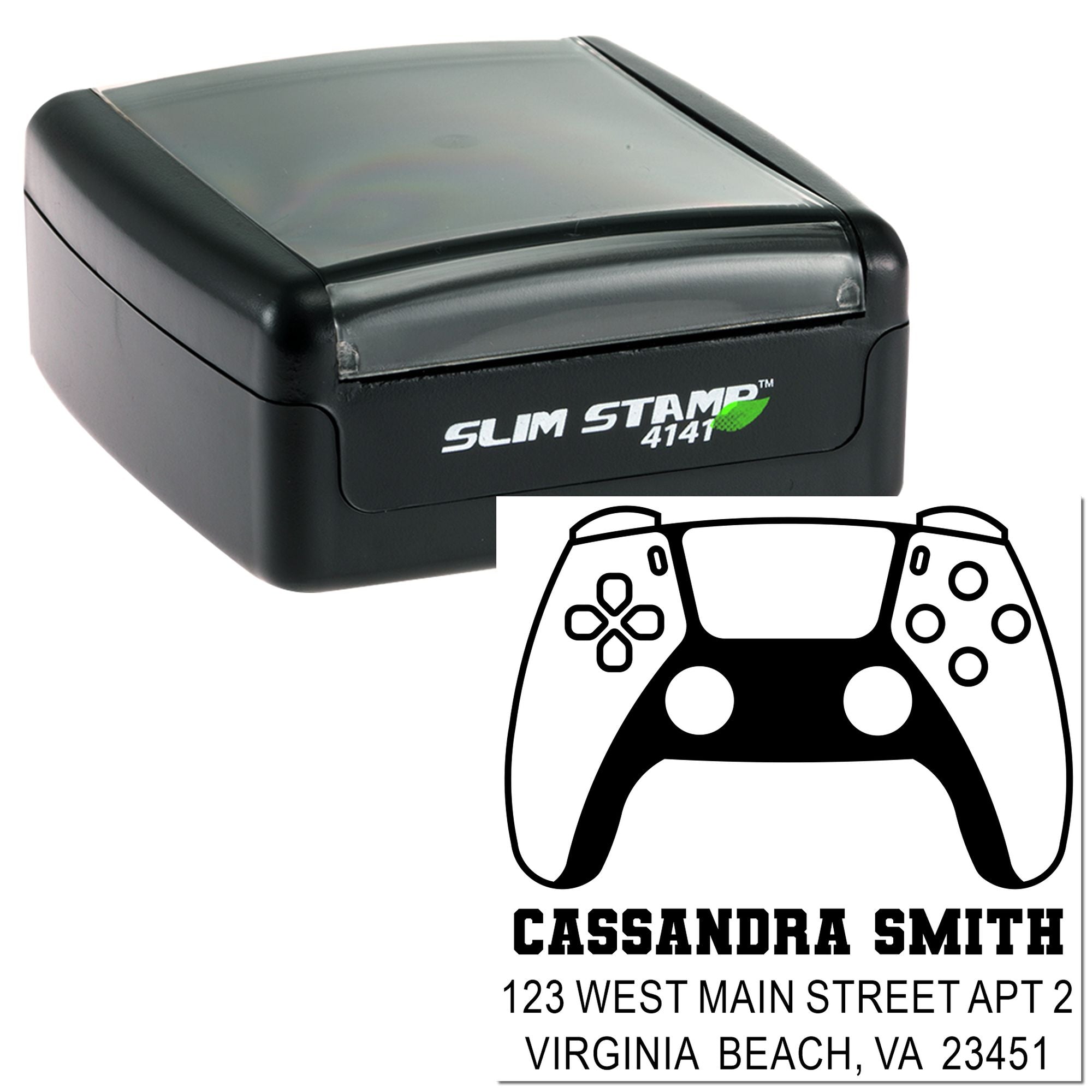 Custom self-inking address stamp with gamer controller design, personalized name and return address for mail and packaging.