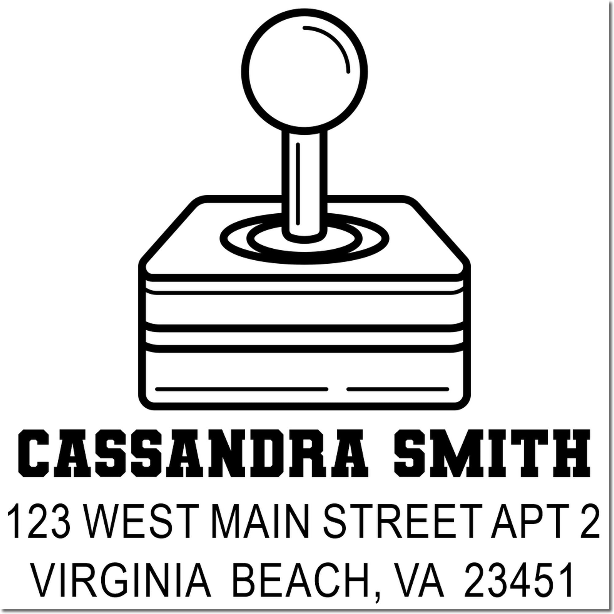 Custom self-inking address rubber stamp for Cassandra Smith, 123 West Main Street Apt 2, Virginia Beach, VA 23451.
