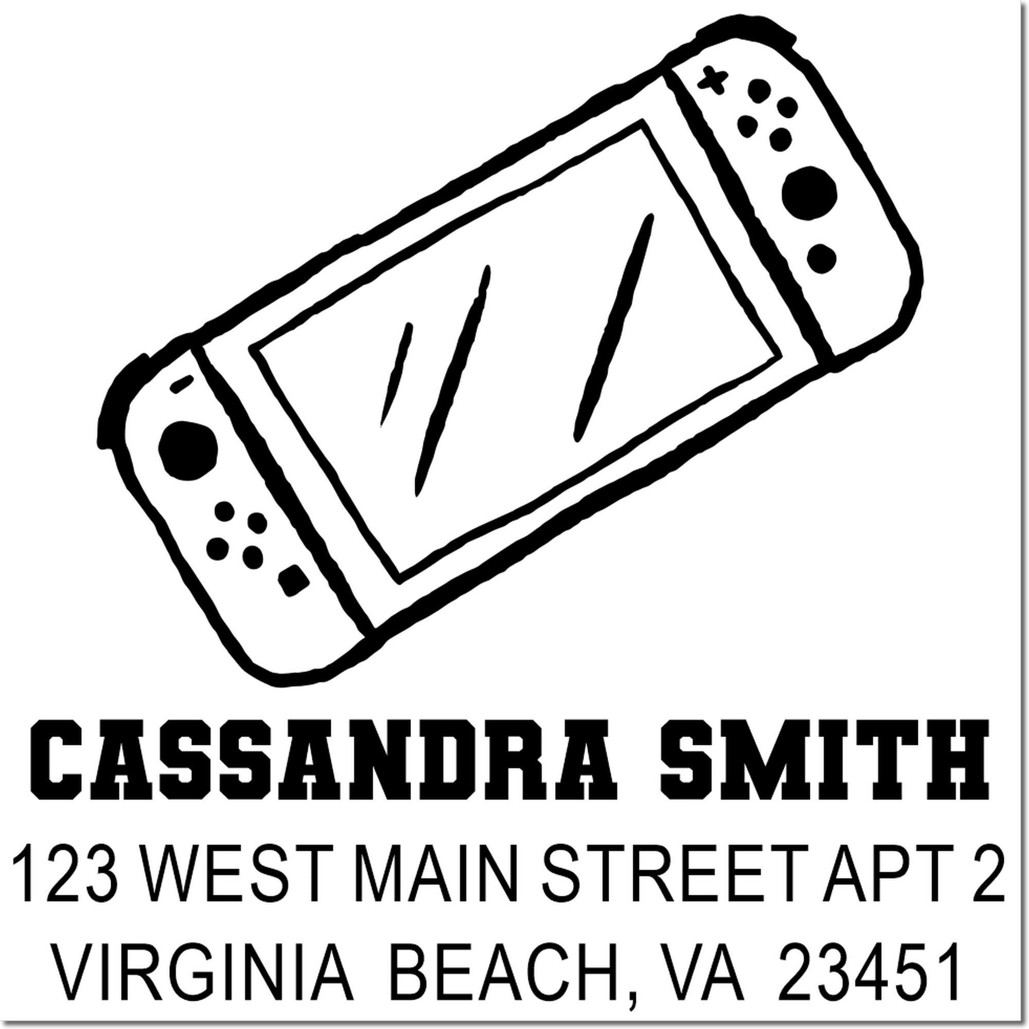 Custom rubber stamp return address for Cassandra Smith, 123 West Main Street Apt 2, Virginia Beach, VA 23451.