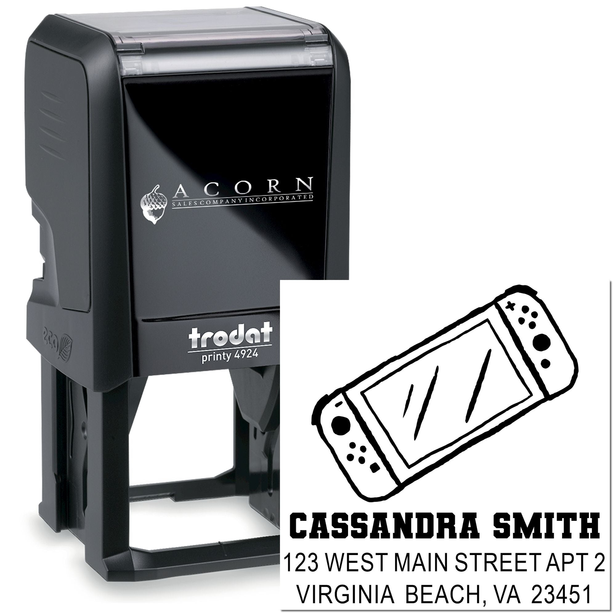 Custom self-inking rubber stamp with name, address and logo impression for personalized business mailing and branding.