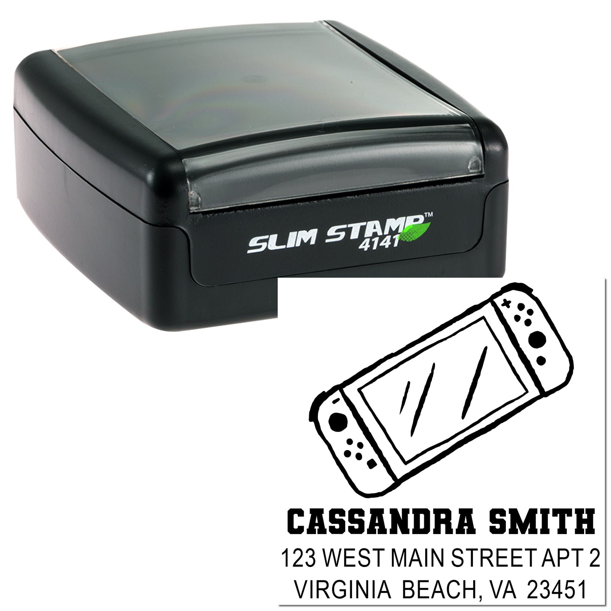 Self-inking Slim Stamp 4141 address stamp with custom name and Virginia Beach return address imprint.
