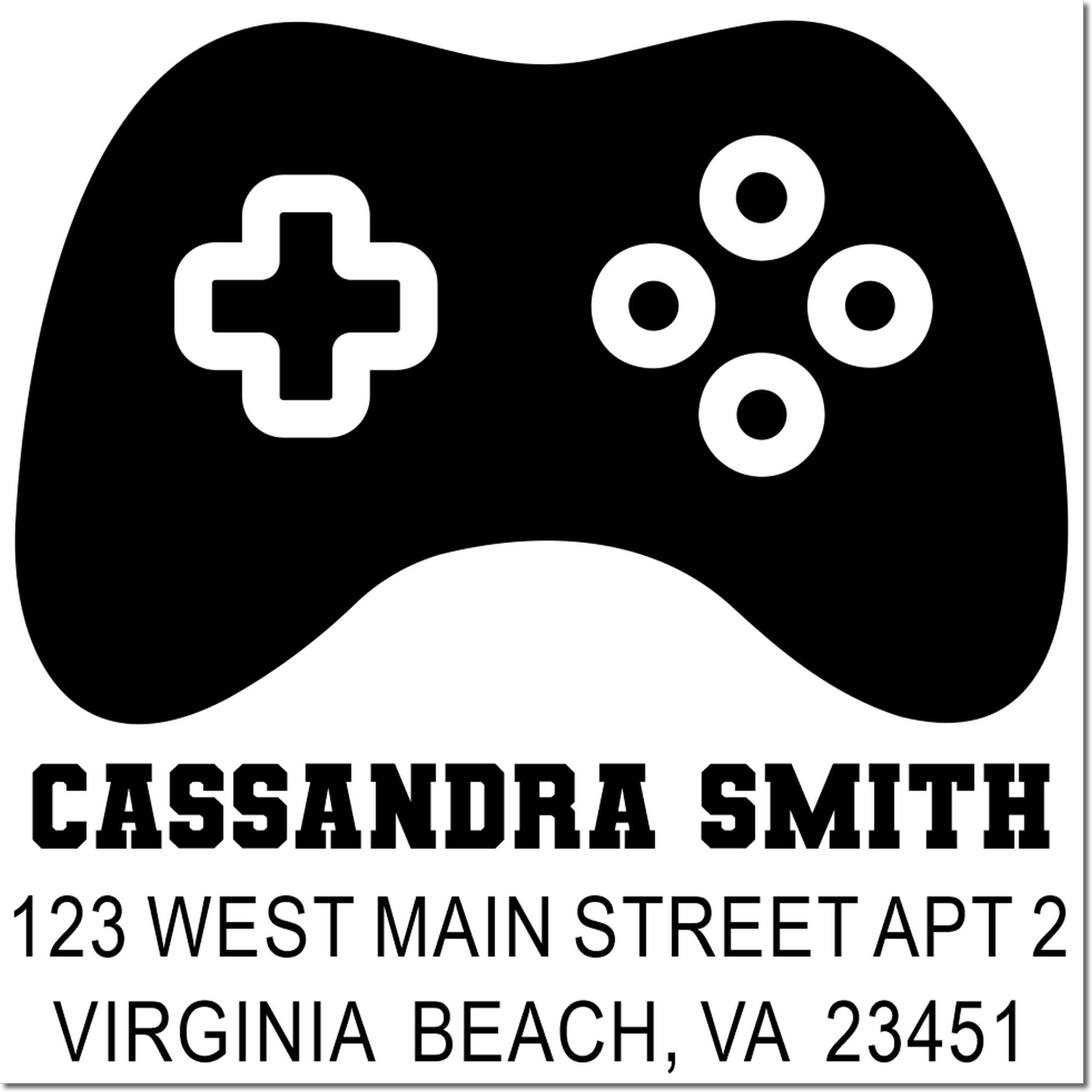 Custom rubber return address stamp with game controller icon for Cassandra Smith, Virginia Beach, VA 23451.