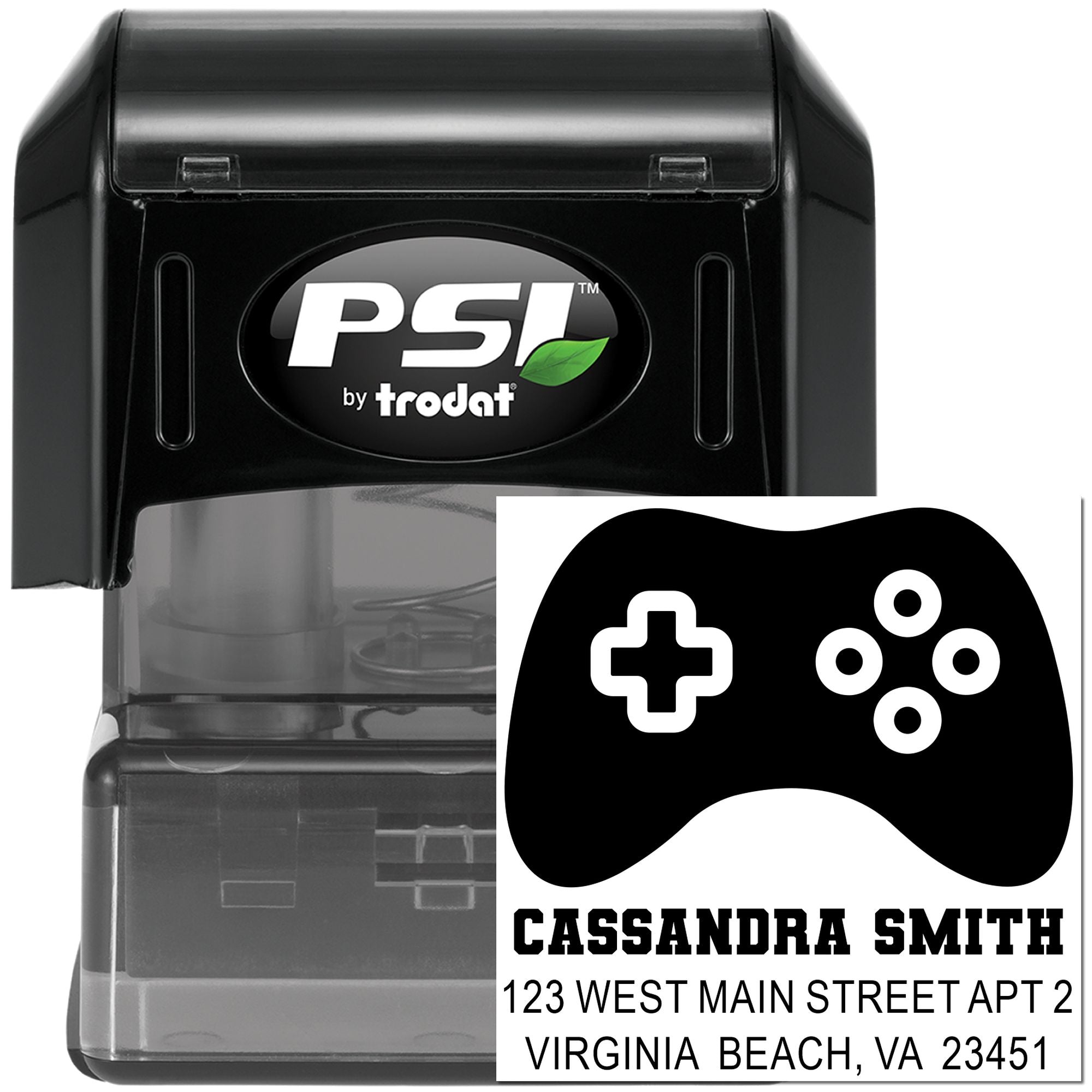 PSI by Trodat custom self-inking address stamp with gamer controller logo and name/address layout