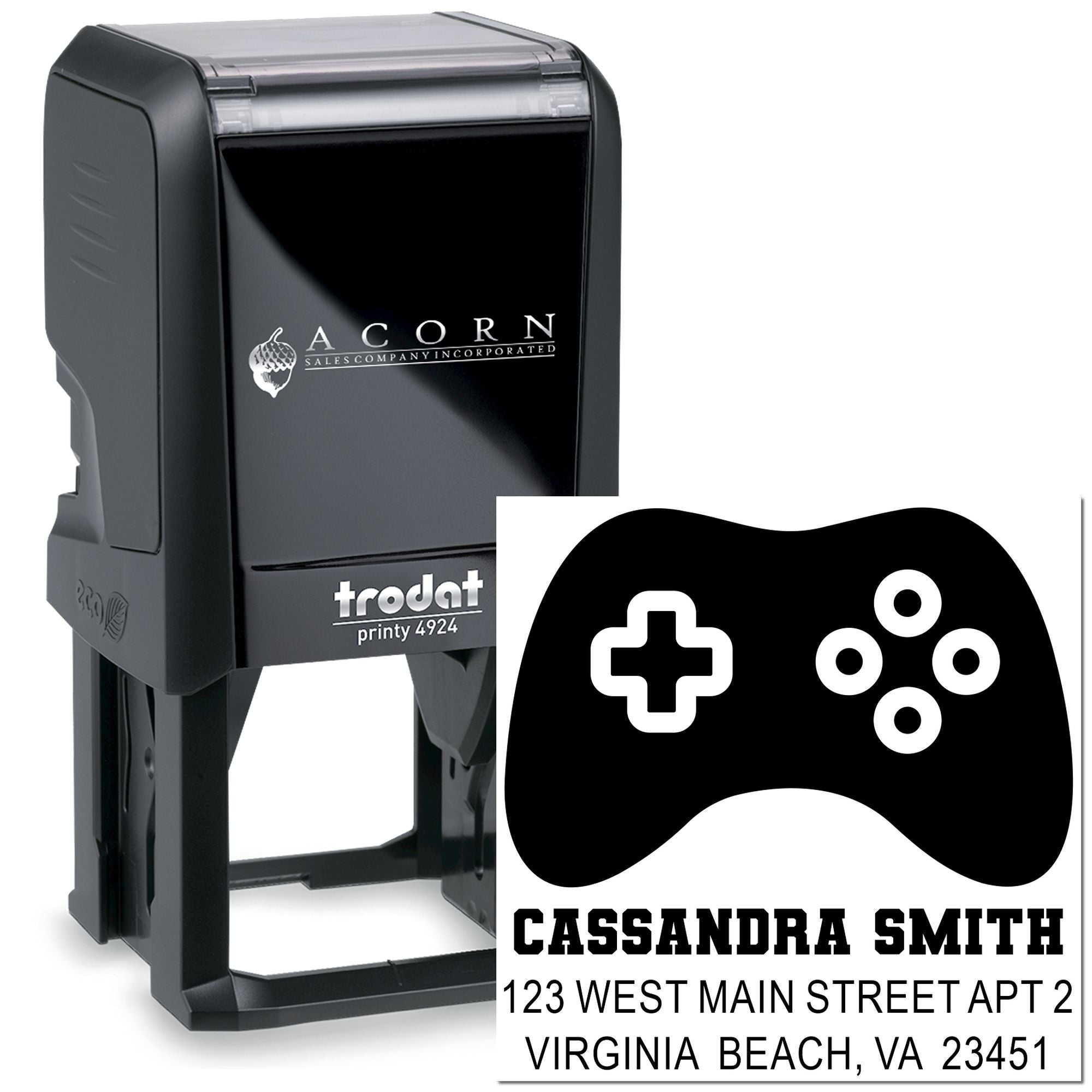 Custom self-inking rubber stamp with gamer controller design, name, and address for personalized mailing.