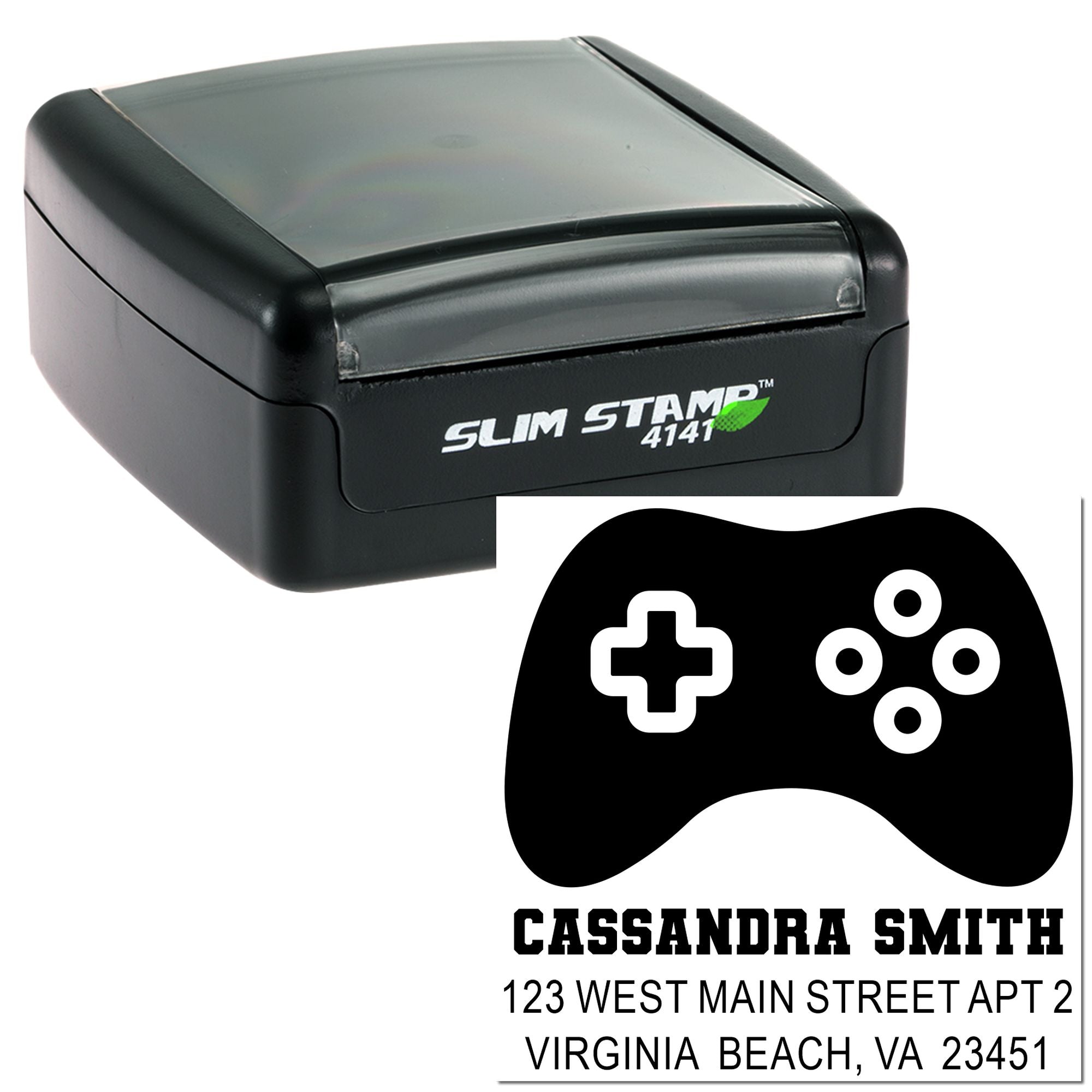 Custom self-inking rubber address stamp with game controller icon for Cassandra Smith in Virginia Beach, VA