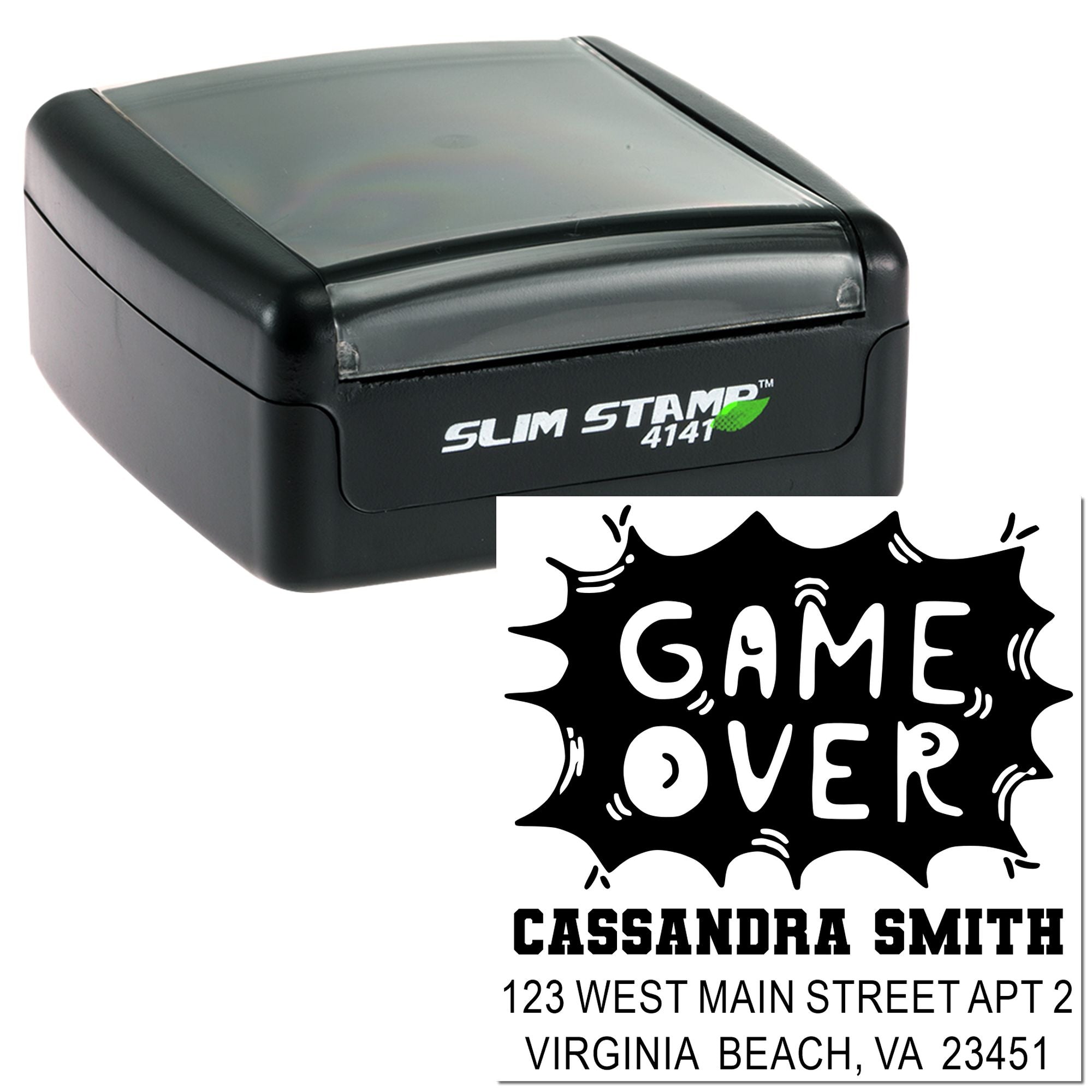 Custom self-inking Slim Stamp rubber stamp with Game Over design and personalized name and address imprint.