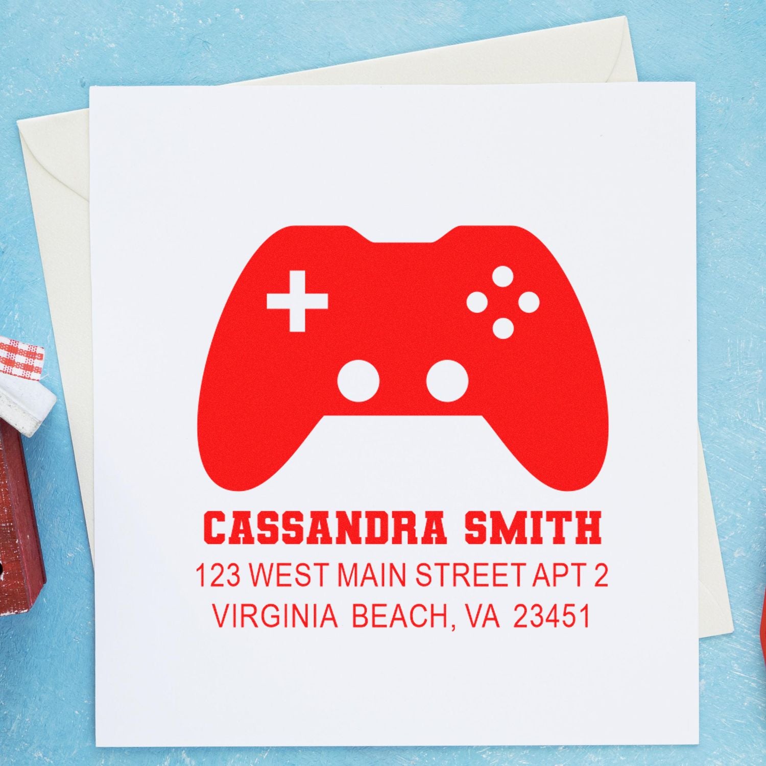 Personalized gamer return address rubber stamp for Cassandra Smith, Virginia Beach, VA.