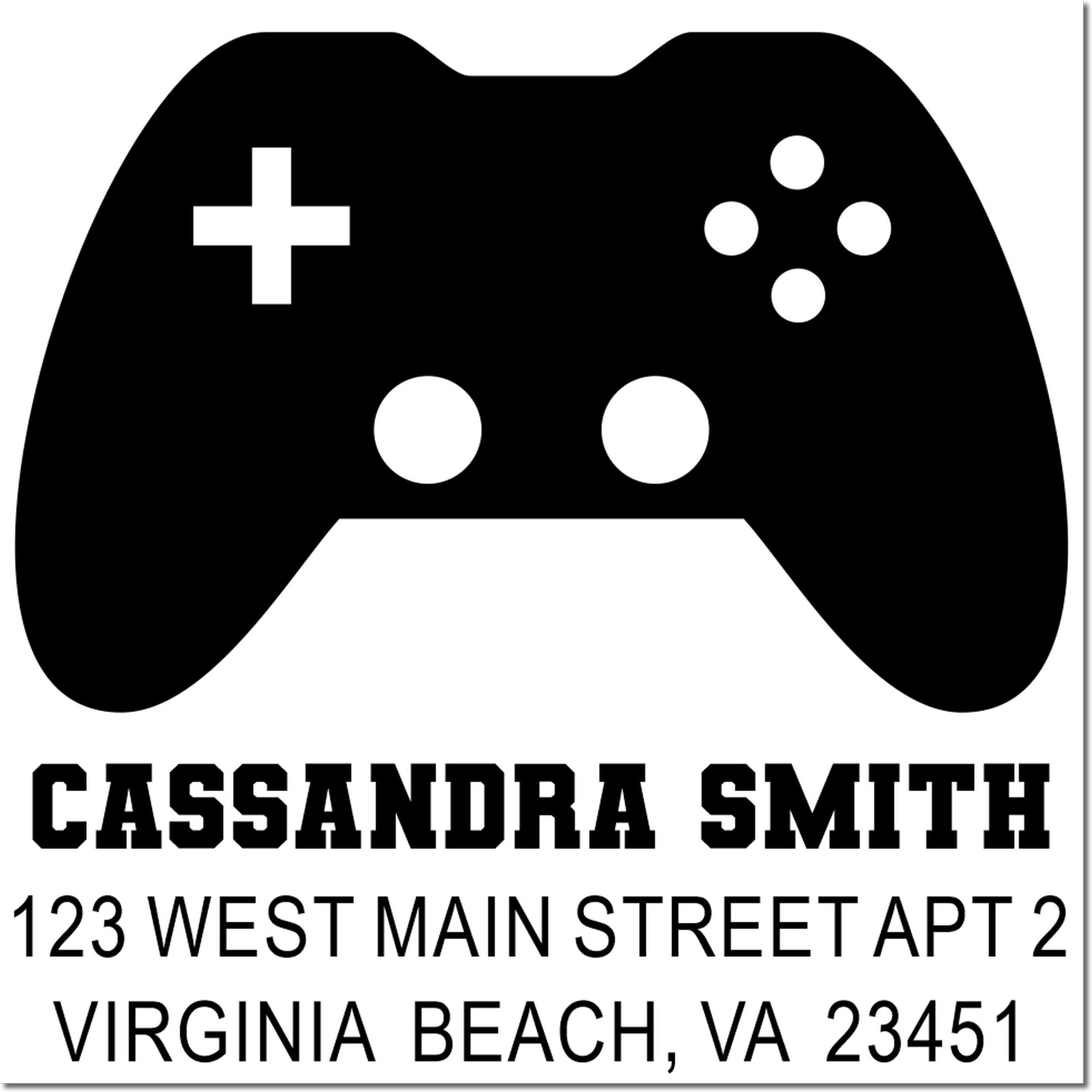 Custom gamer-themed rubber address stamp with controller icon and return address for Cassandra Smith in Virginia Beach.