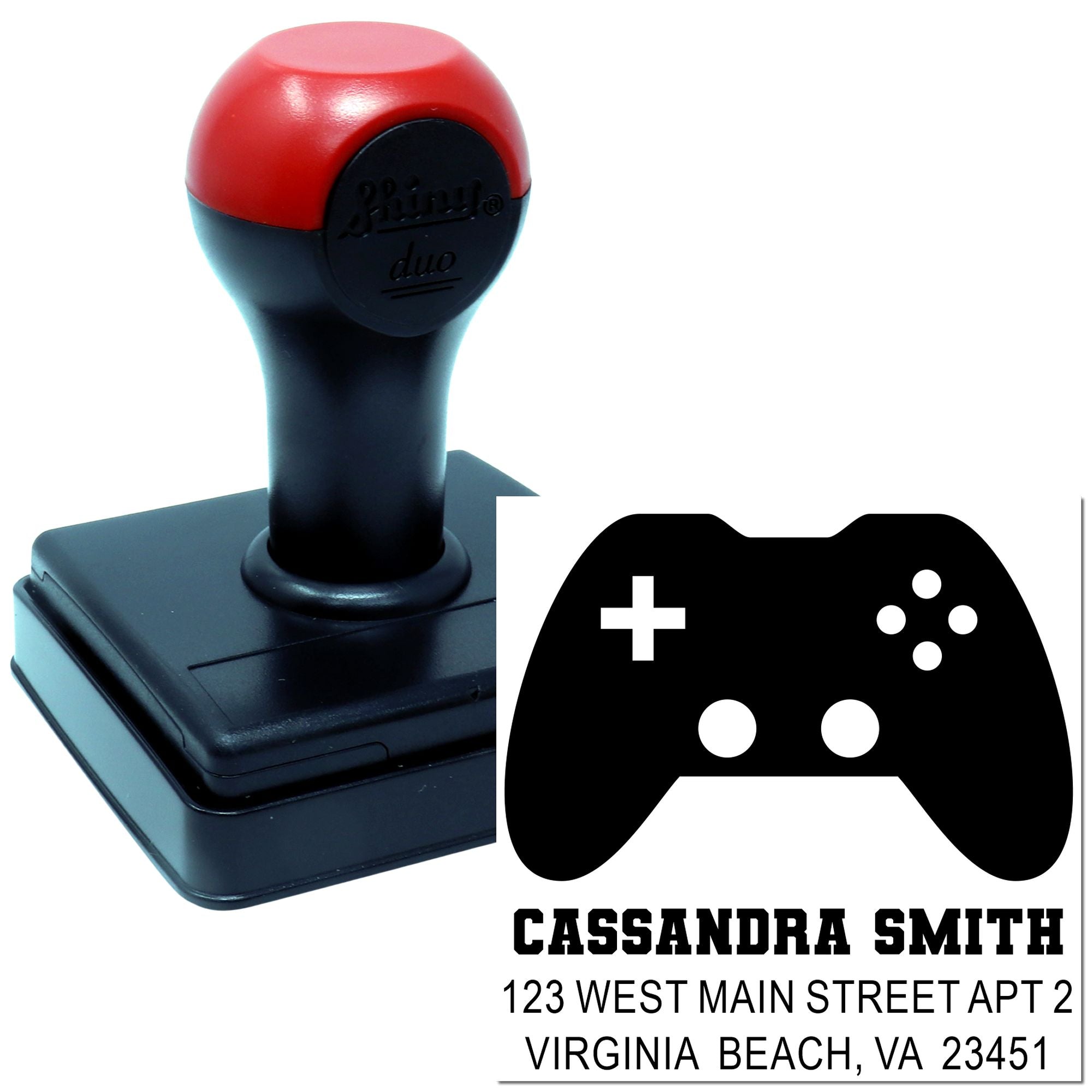 Personalized gamer return address rubber stamp with game controller icon, name, and mailing address.