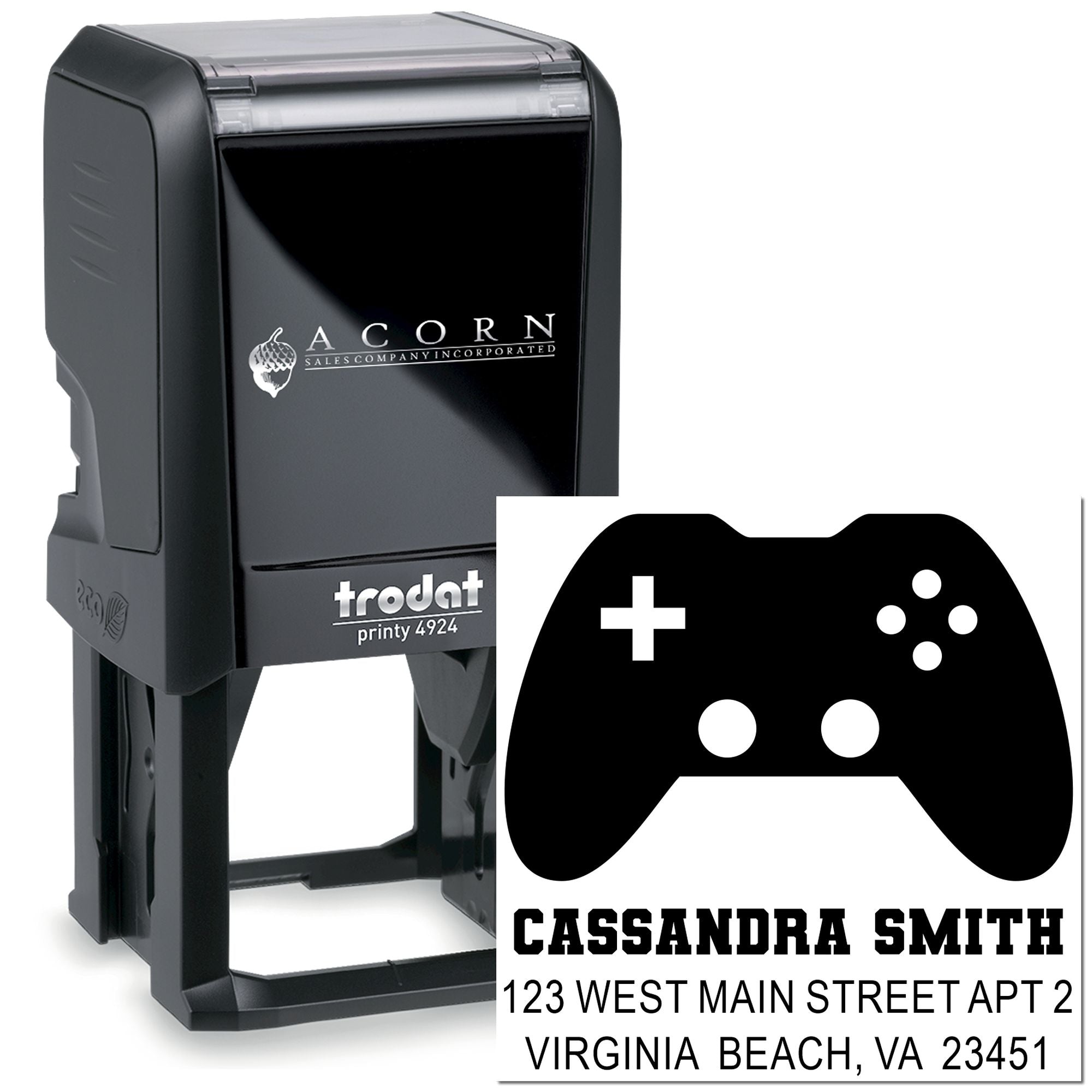 Trodat Printy 4924 custom self-inking address rubber stamp with gamer controller design and personalized name.