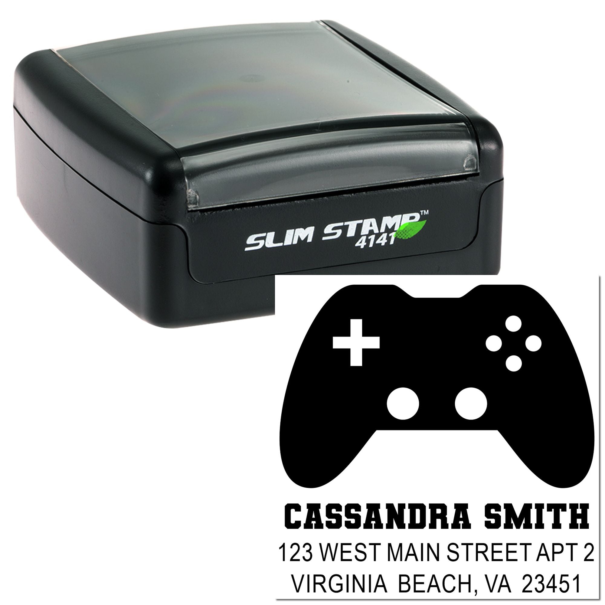 Personalized self-inking rubber return address stamp with gamer controller icon, name, and address.