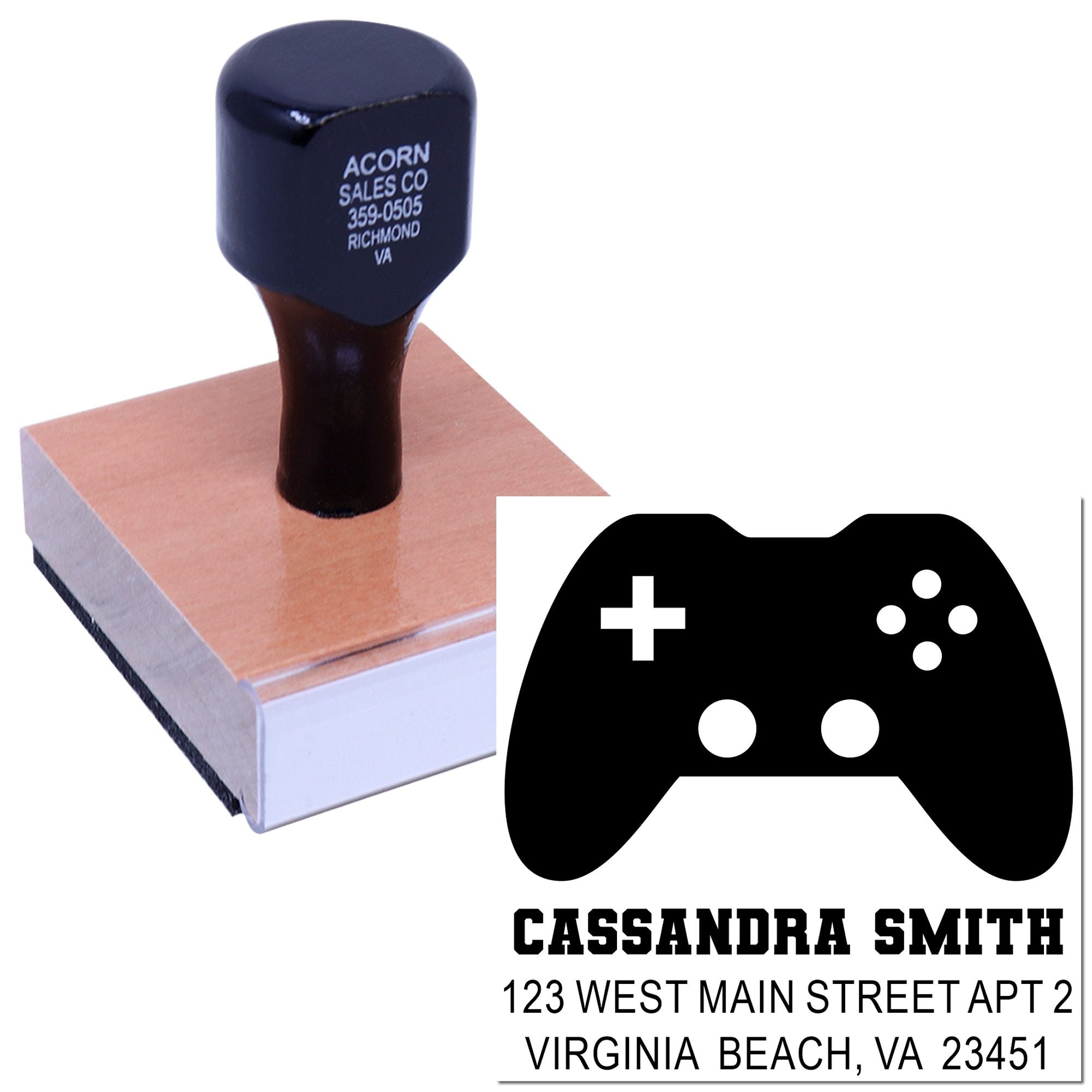 Personalized rubber stamp for gamer-themed return address, with game controller icon, name, and address imprint.