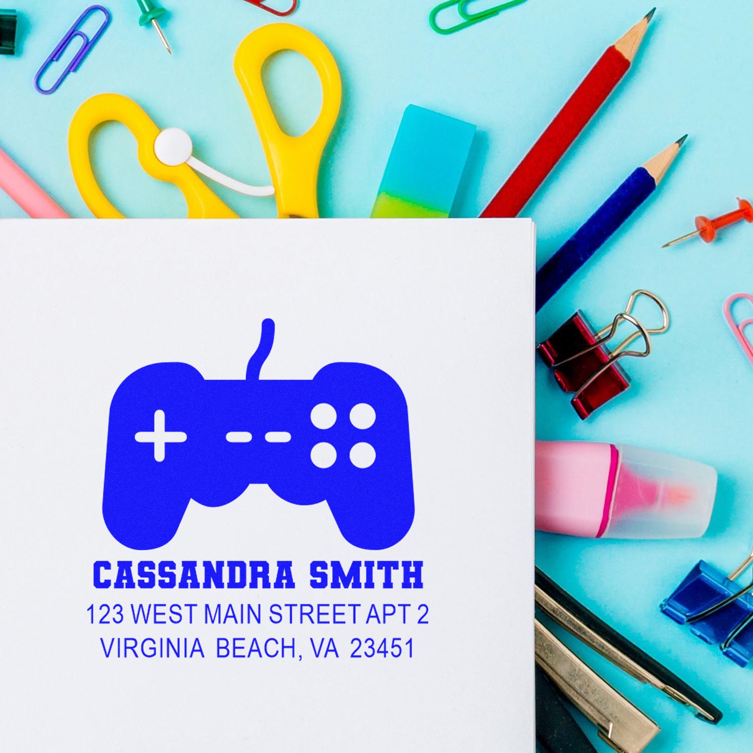 Custom gamer rubber stamp with controller icon, personalized address stamp for envelopes and mail