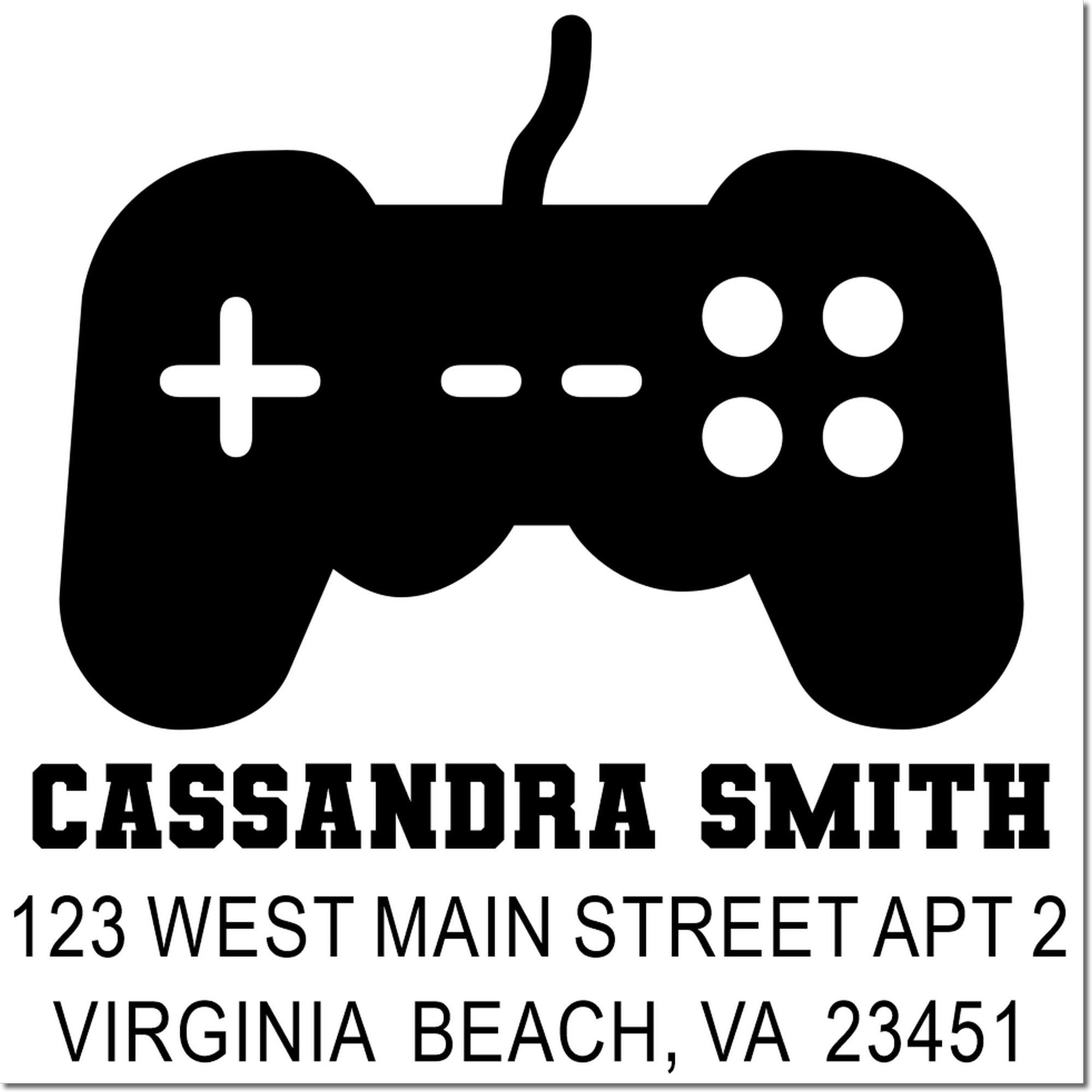 Custom address rubber stamp with game controller icon for Cassandra Smith, Virginia Beach, VA 23451
