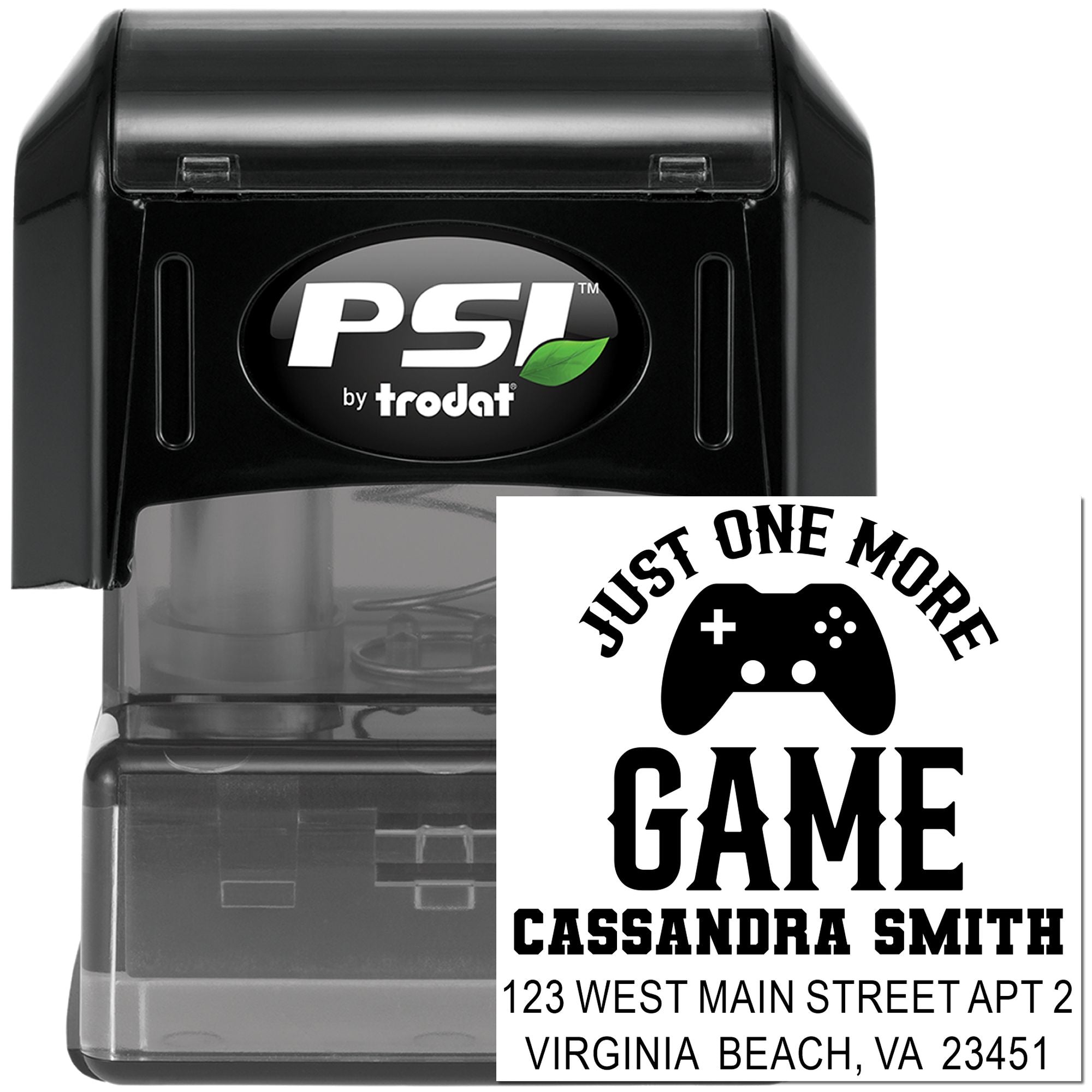 Custom self-inking rubber stamp by PSI Trodat with gamer logo, name, and address for personalized game room or mail stamping