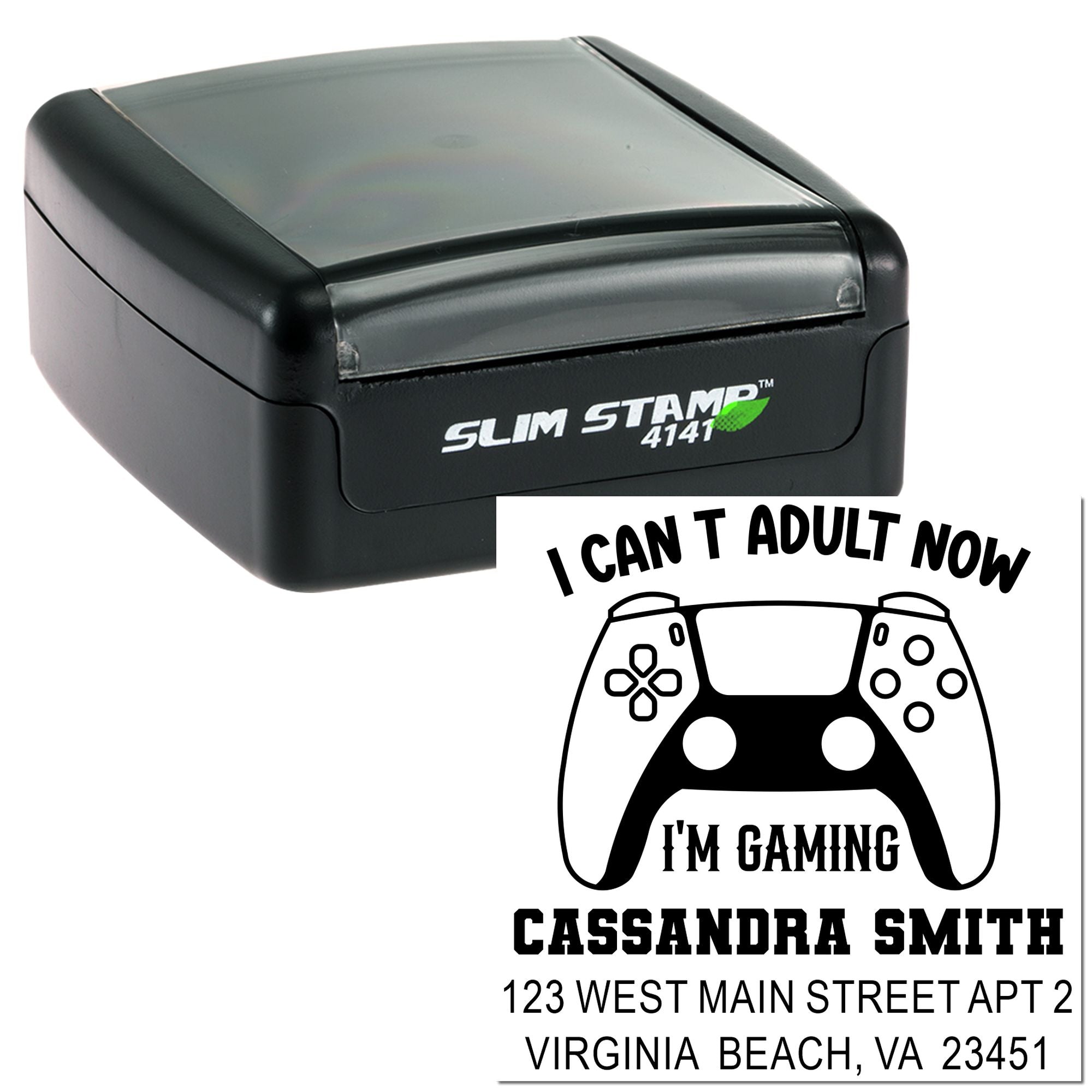 Slim self-inking rubber stamp with gaming controller design and custom return address for personalized mail.