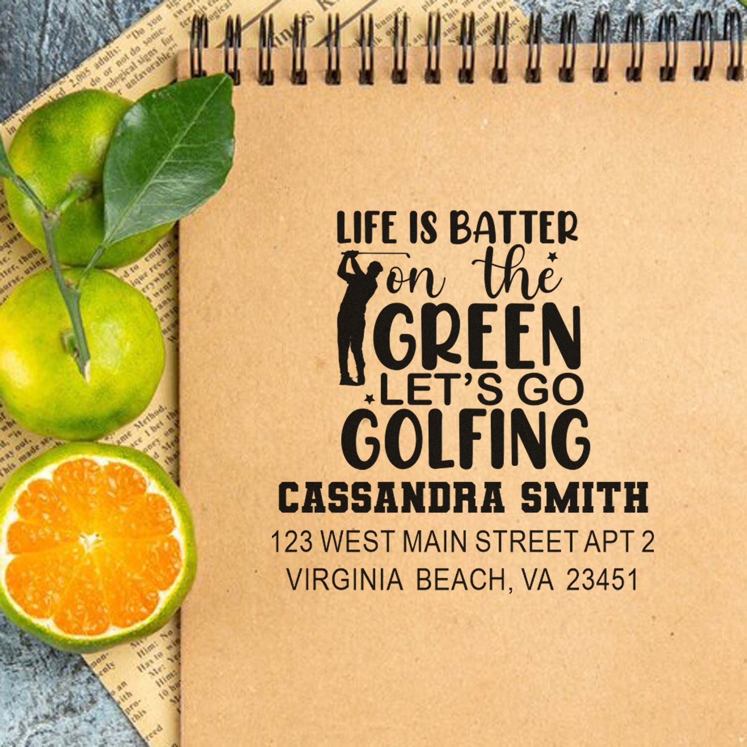 Personalized golf-themed return address rubber stamp with Life is better on the green design for mailings and gifts.