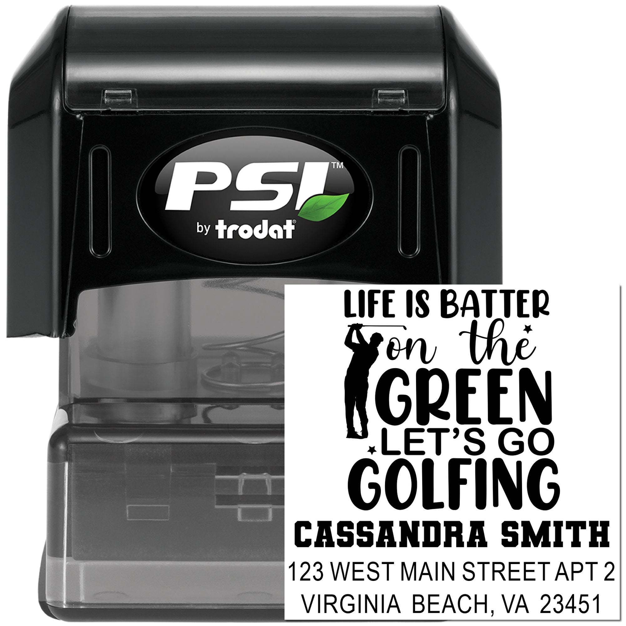 Custom self-inking rubber stamp for golfers with name, address, and Life Is Better on the Green design.