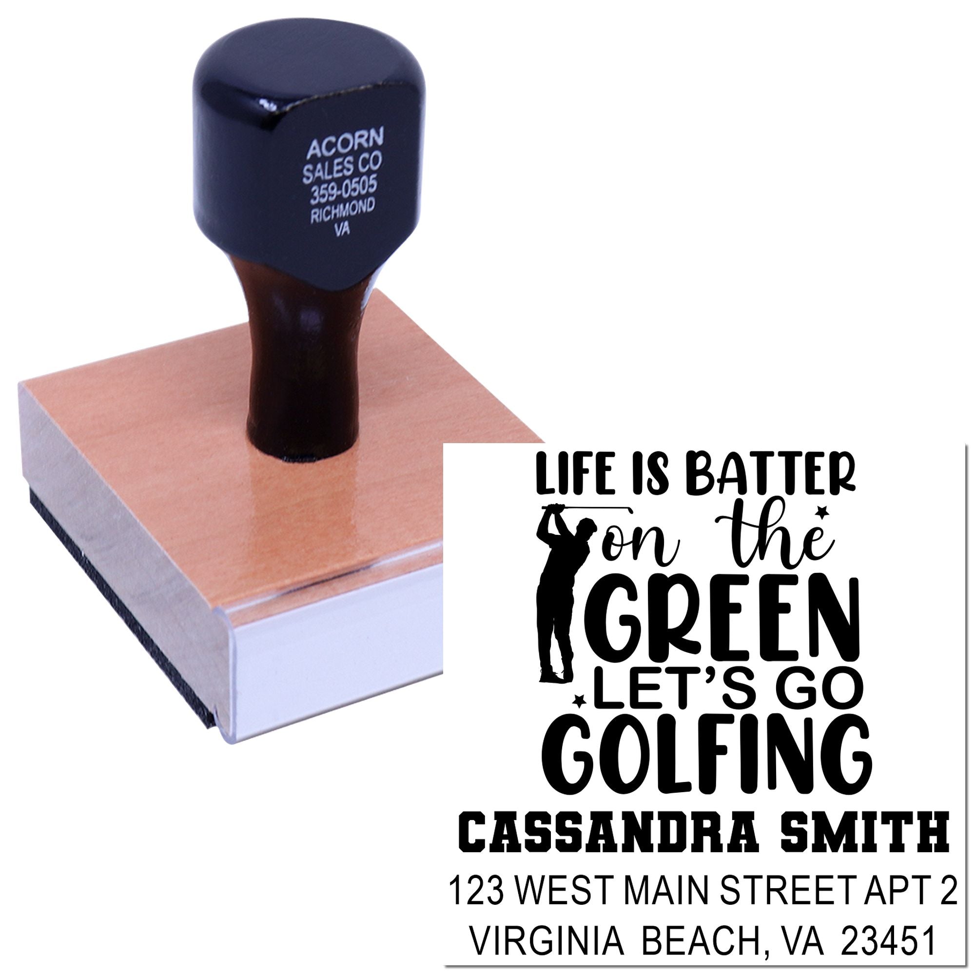 Personalized golf-themed rubber stamp with custom name and address for invitations, stationery, and mailing.