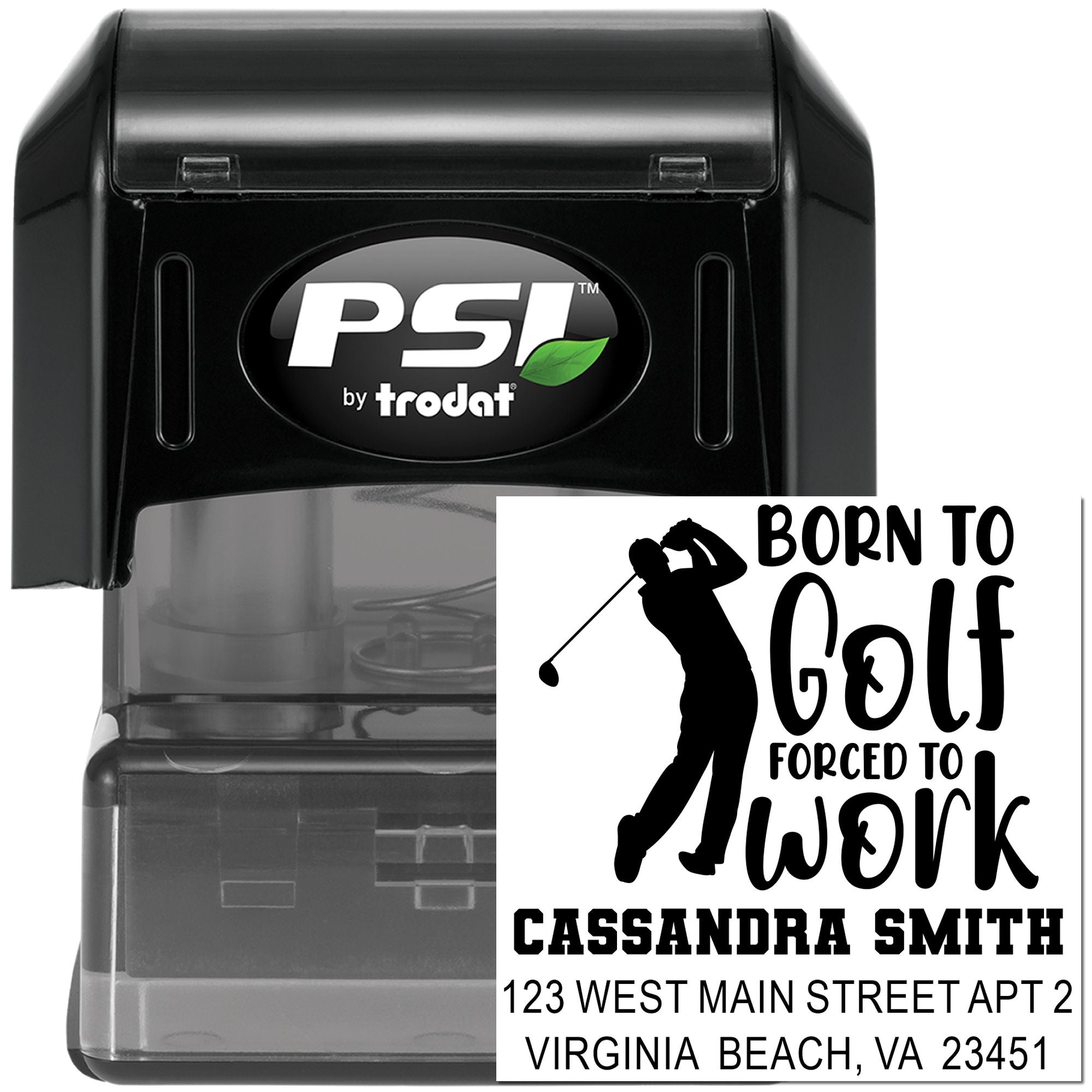 PSI by Trodat custom self-inking rubber stamp with golf design, name, and address for personalized mailing.