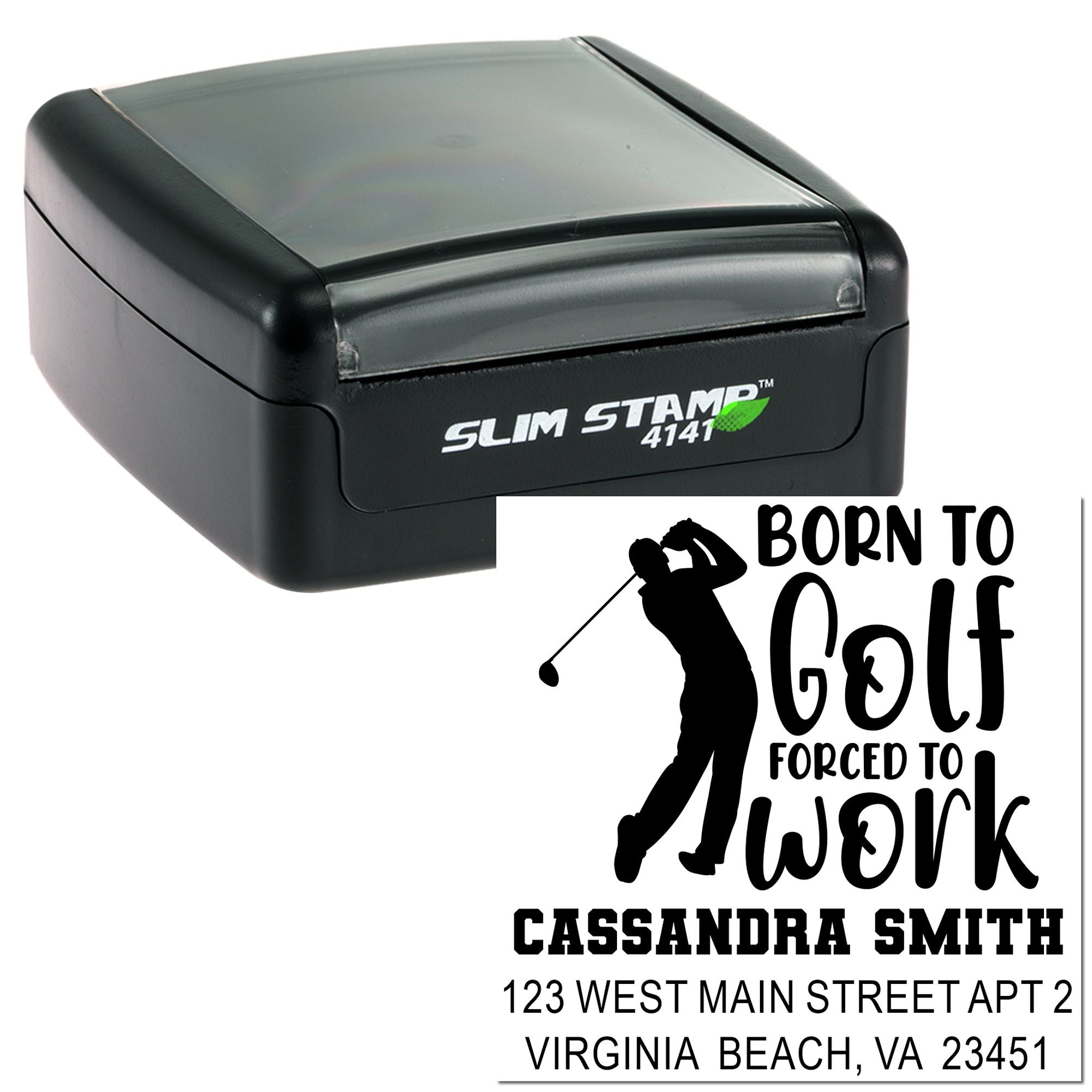 Slim Stamp 4141 self-inking rubber stamp showing a custom golf-themed address stamp design for personalized mailings.
