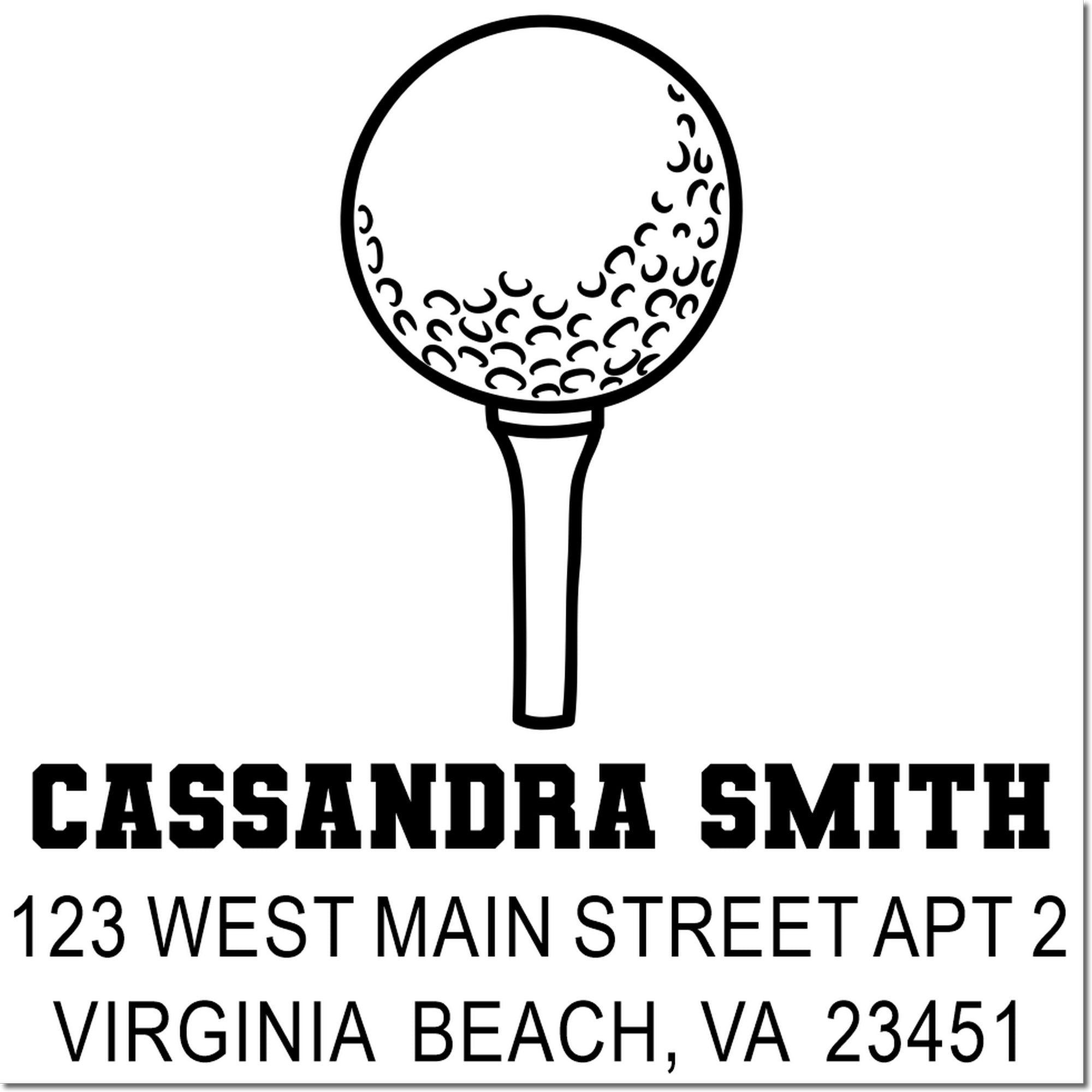 Personalized golf return address rubber stamp for Cassandra Smith, Virginia Beach, VA 23451.