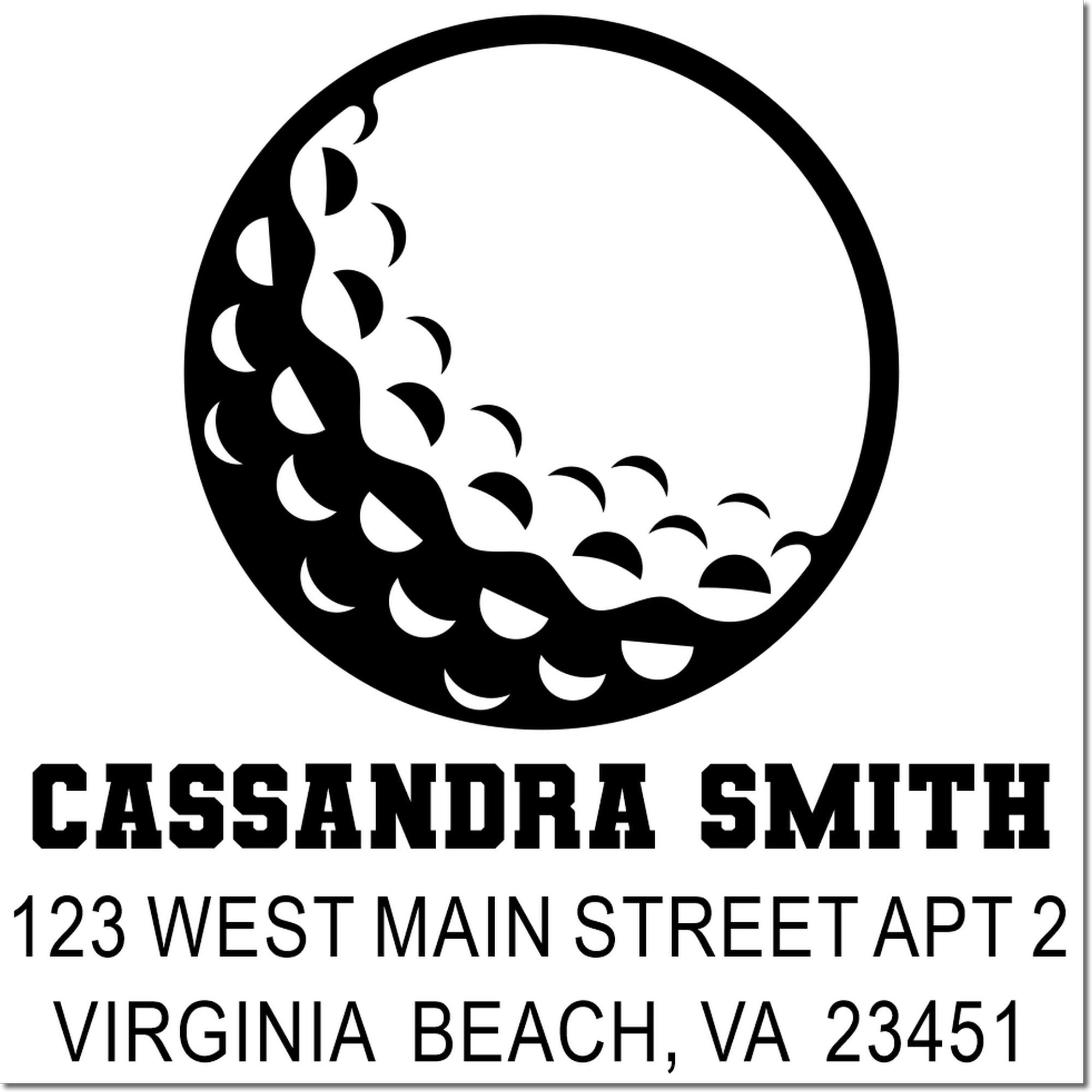 Custom return address rubber stamp for Cassandra Smith, Virginia Beach, VA 23451, with decorative circular logo.