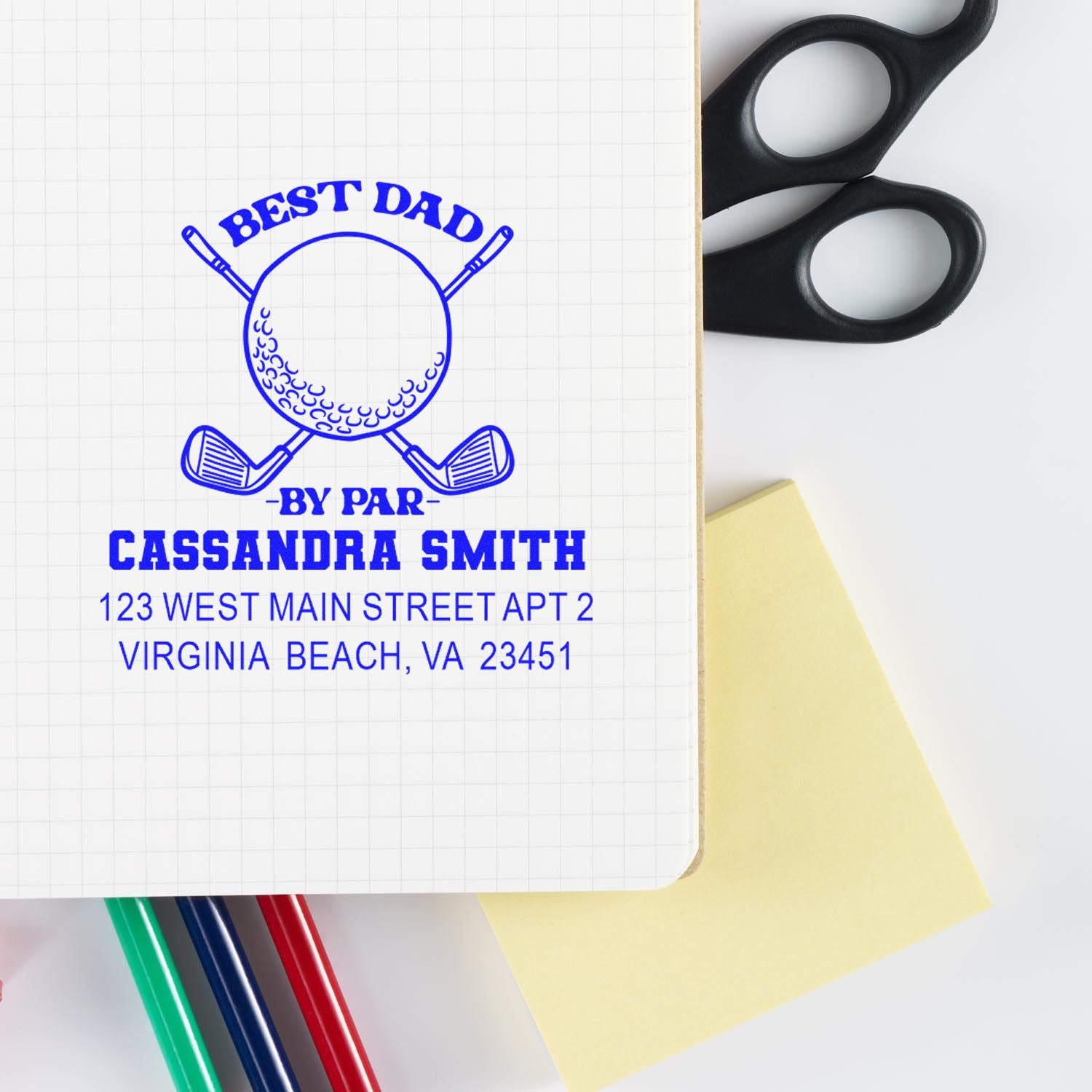 Personalized golf rubber stamp design with Best Dad by Par, name, and address for custom mailing labels.