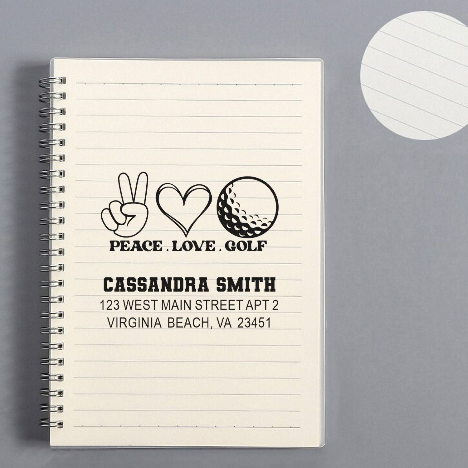 Custom golf return address rubber stamp with peace, love, golf design and personalized name and address.
