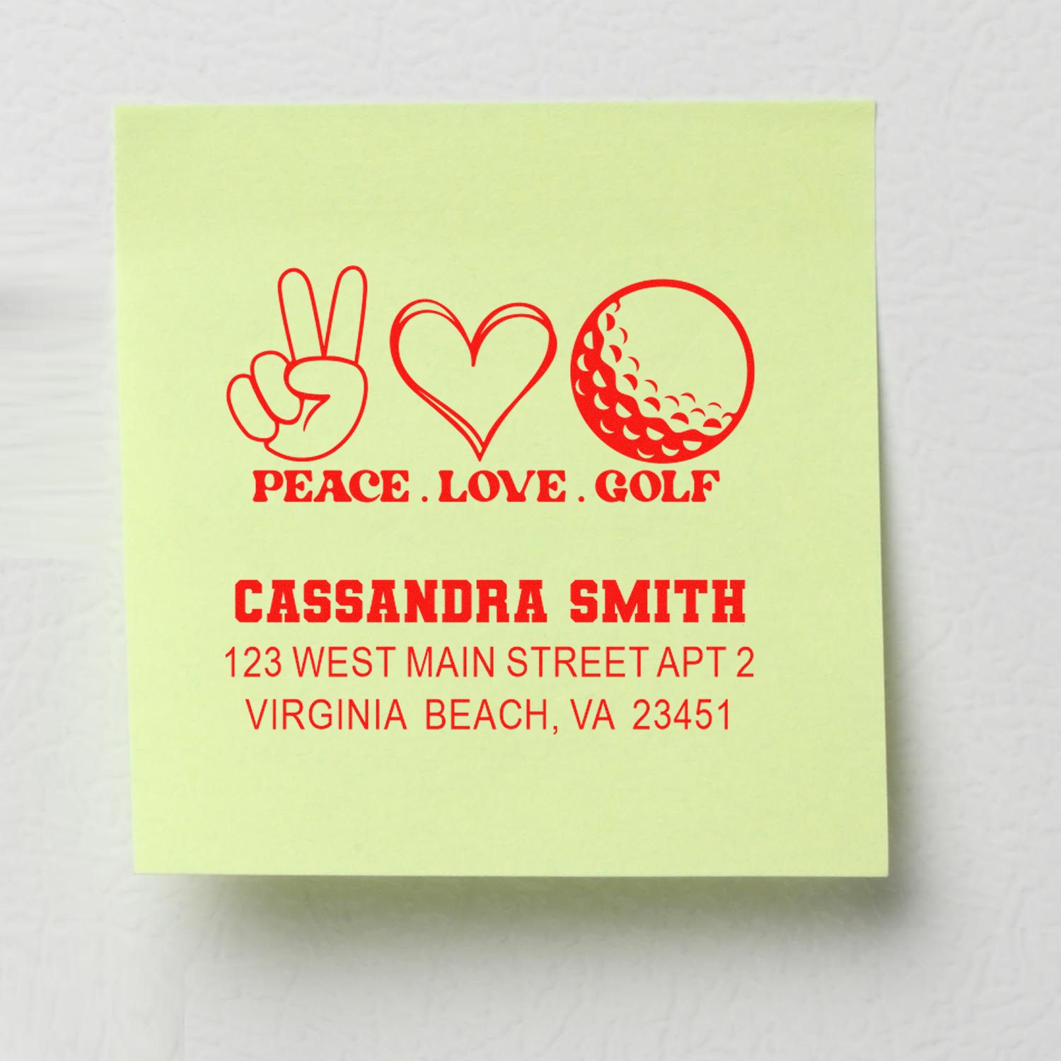 Custom rubber address stamp with Peace Love Golf design for Cassandra Smith, Virginia Beach, VA 23451