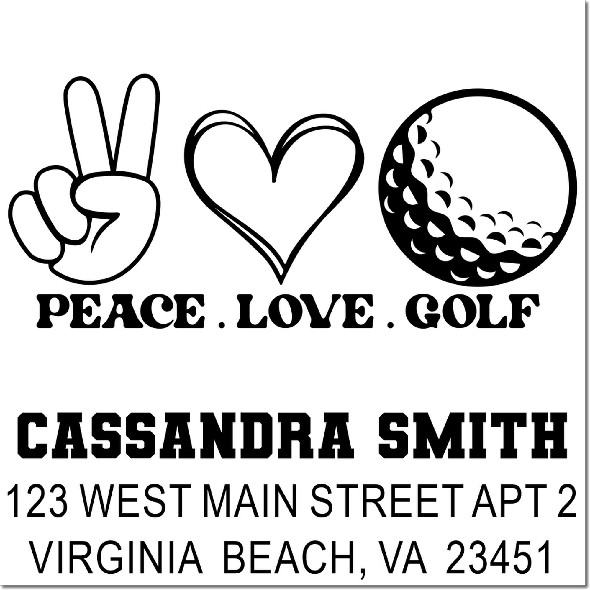 Personalized rubber stamp design for Peace Love Golf, with Cassandra Smith return address, Virginia Beach, VA.