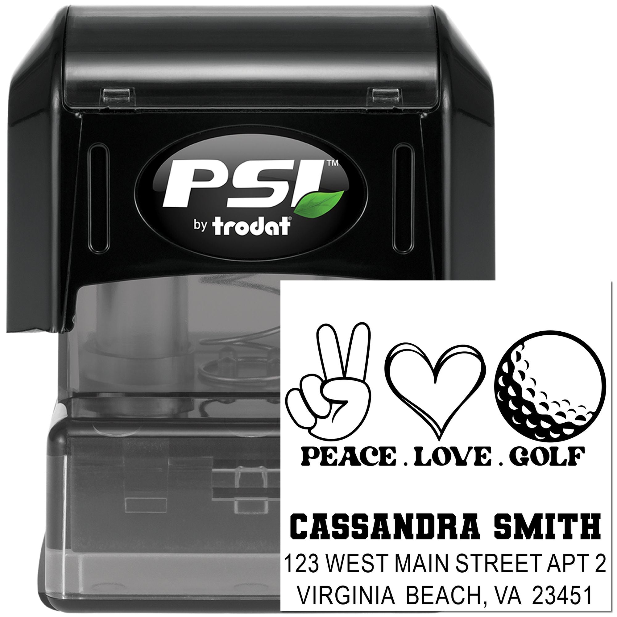 Custom self-inking return address rubber stamp with Peace Love Golf design by PSI Trodat for golfers.