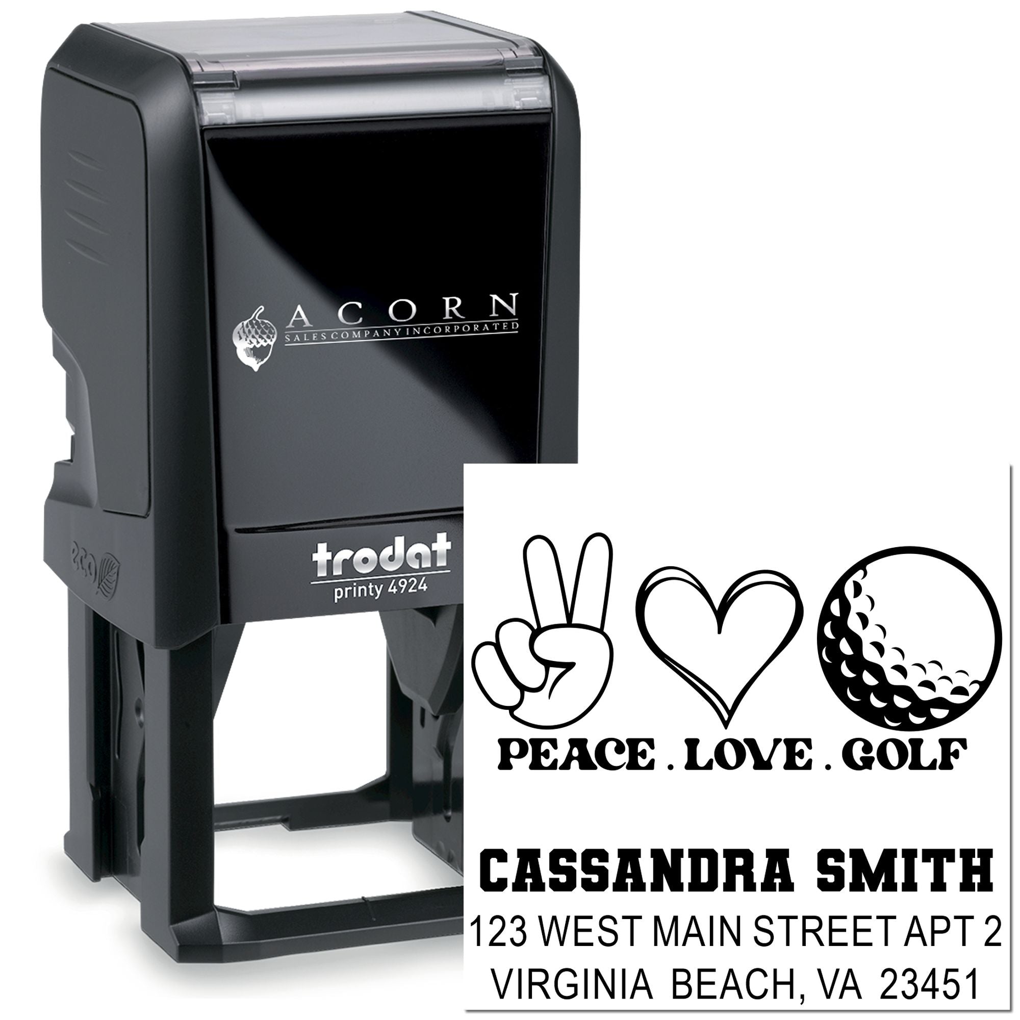 Trodat Printy 4924 custom self-inking rubber stamp for golf-themed return address labels and invitations