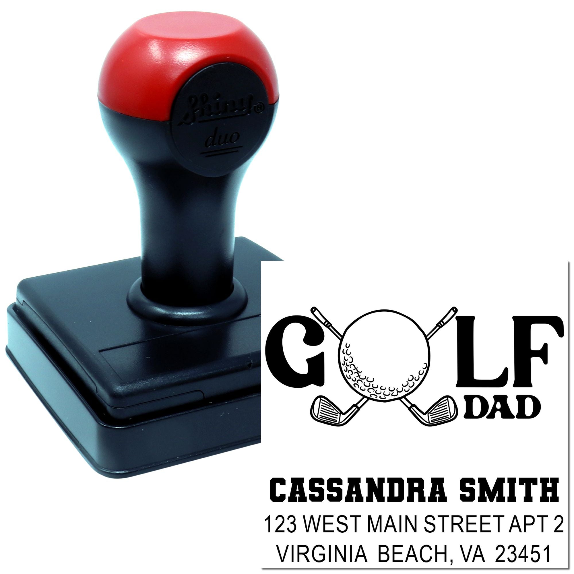 Custom self-inking rubber stamp with Golf Dad design and personalized return address stamp