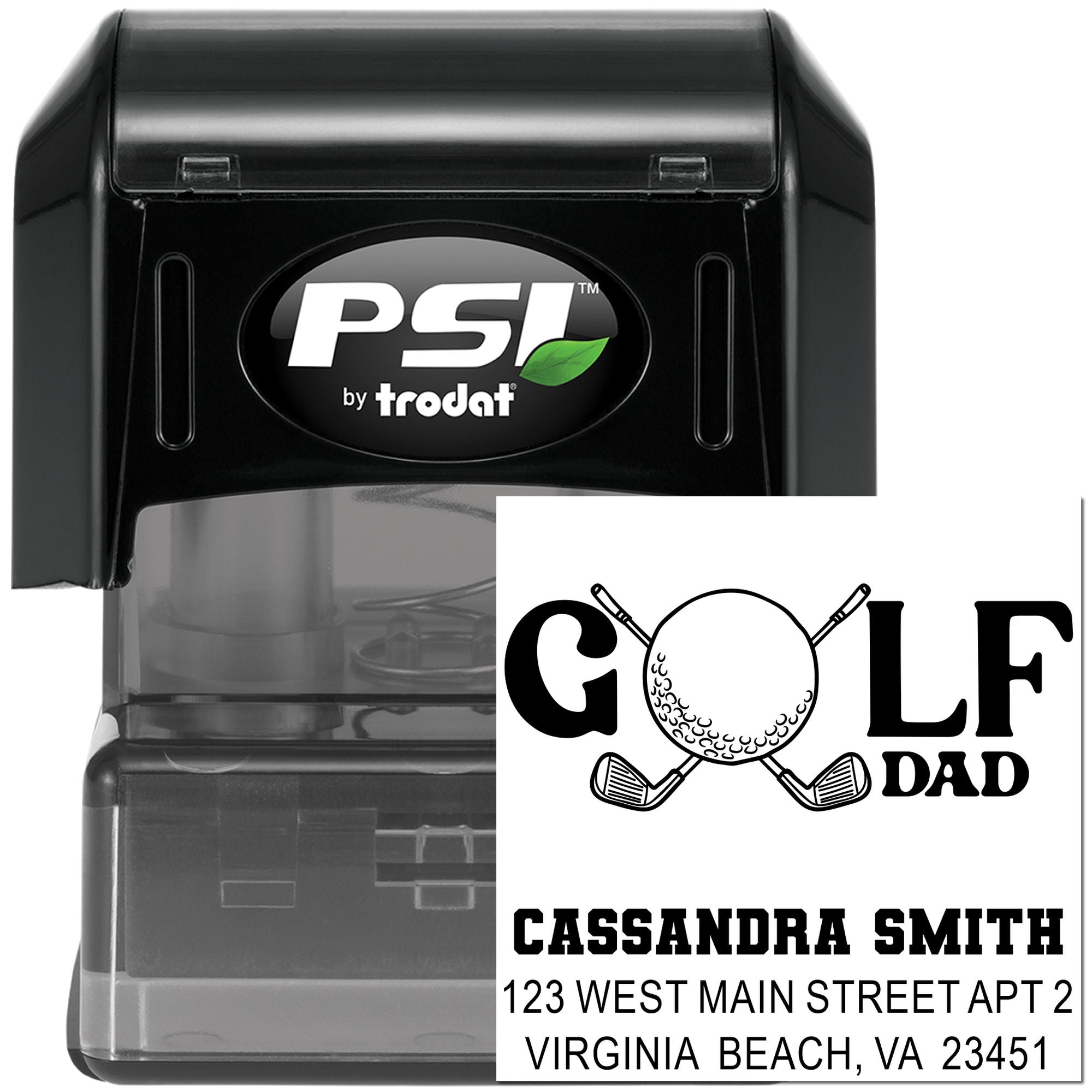 PSI by Trodat custom self-inking rubber stamp with Golf Dad design and address for personalized mailing or gift branding.