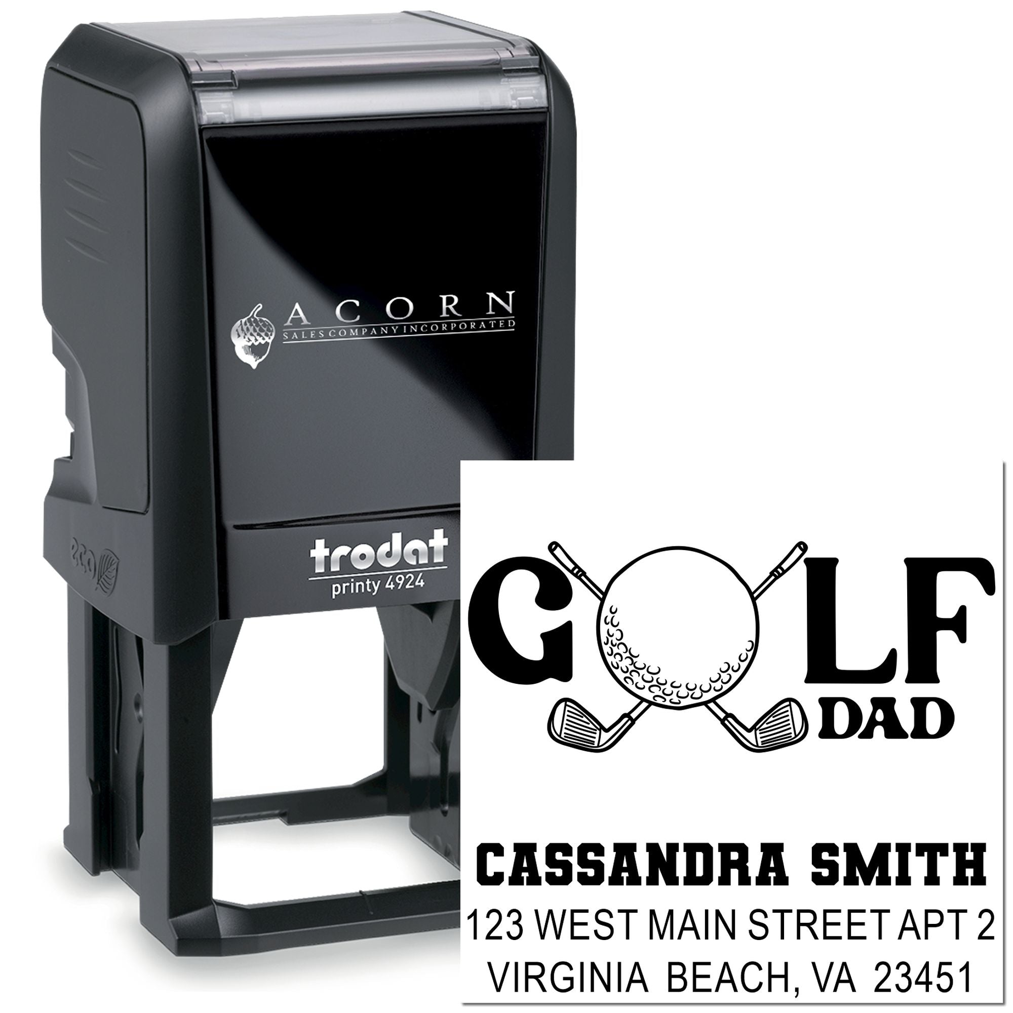 Custom self-inking rubber stamp with golf dad design and address text for personalized business or mailing use
