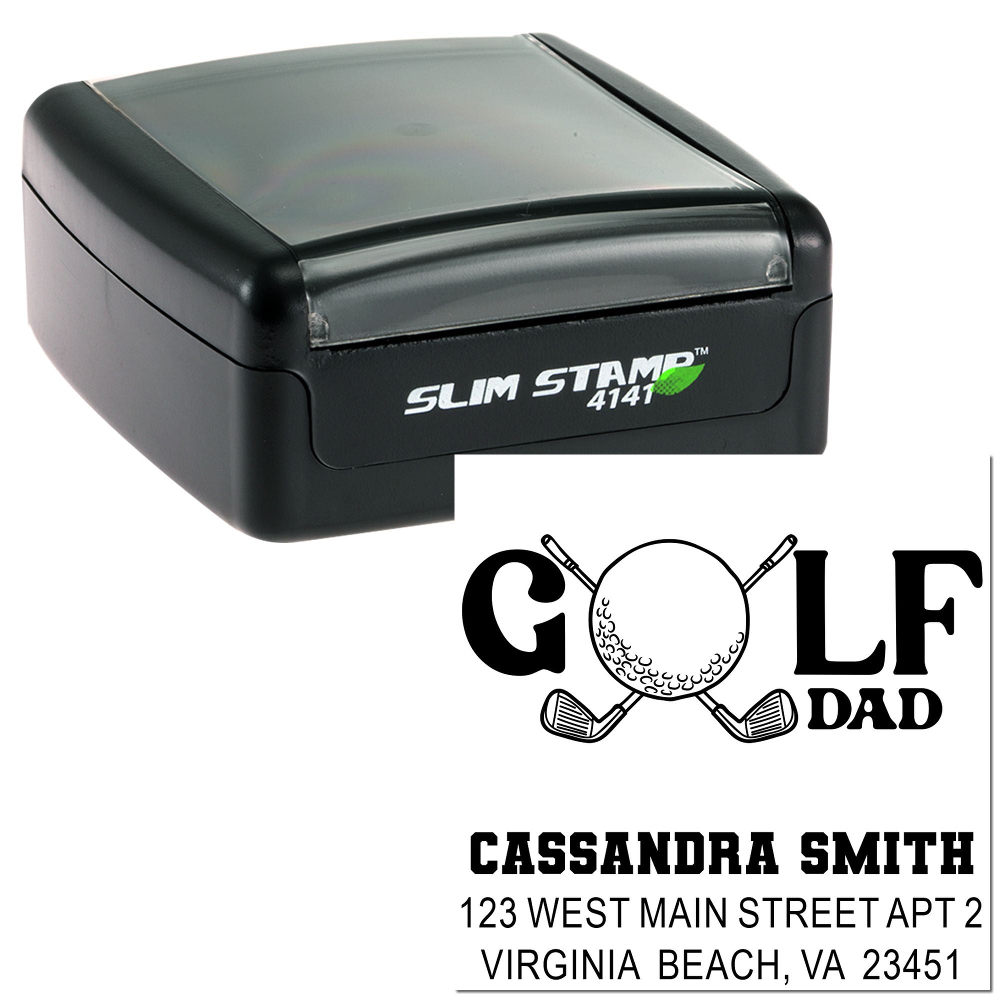 Slim self-inking rubber stamp with custom Golf Dad address design, featuring golf ball and clubs.