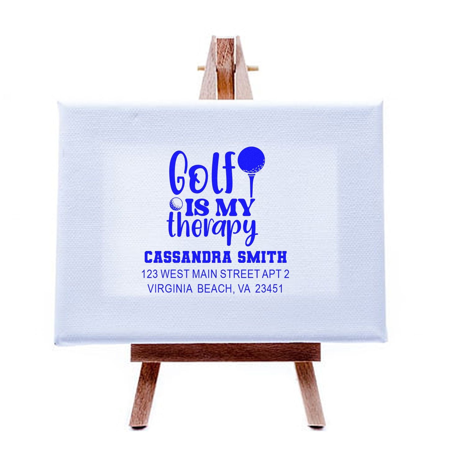 Custom golf return address rubber stamp with Golf is my therapy design, personalized with name and Virginia Beach address.