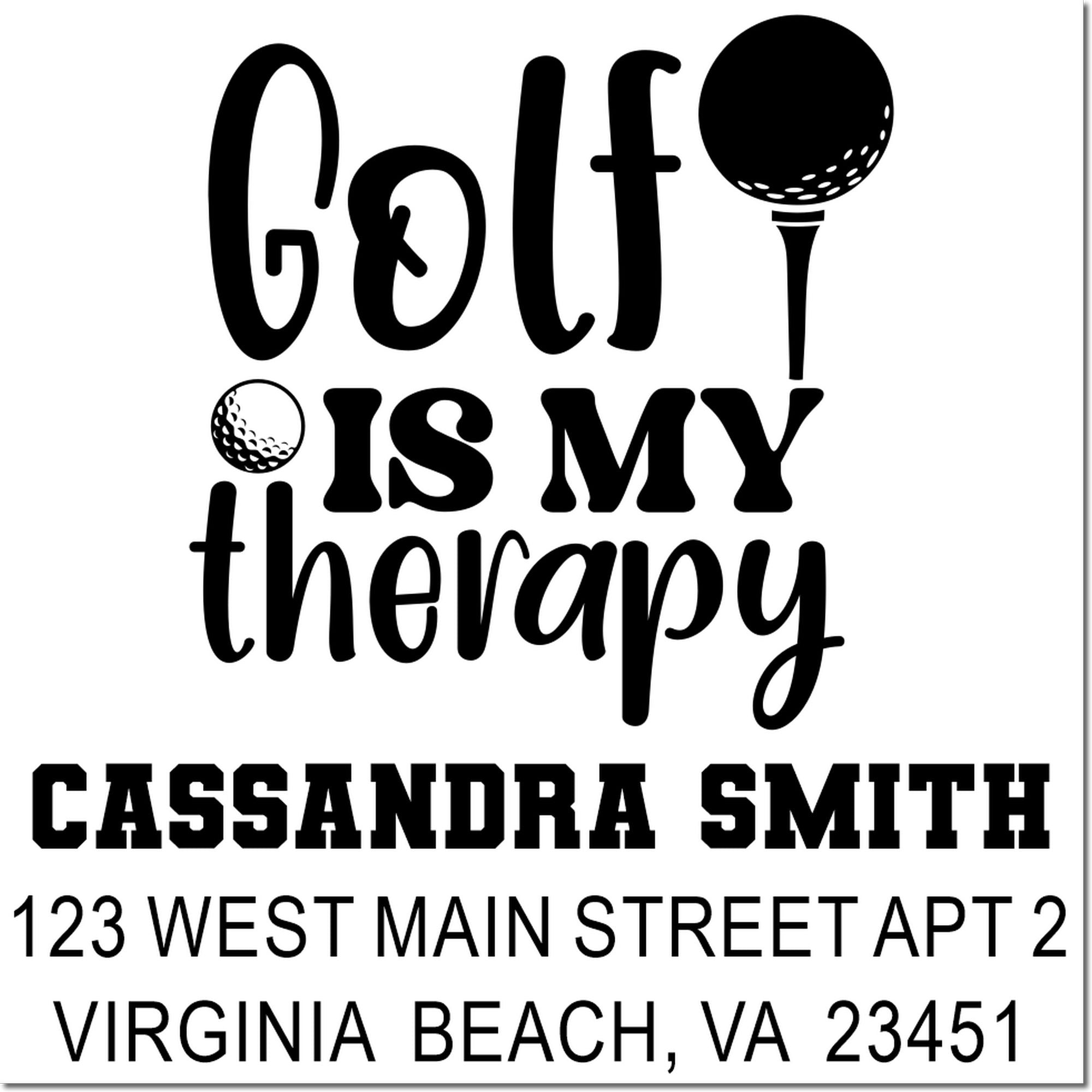 Personalized golf rubber stamp with return address for Cassandra Smith, 123 West Main Street Apt 2, Virginia Beach, VA 23451.