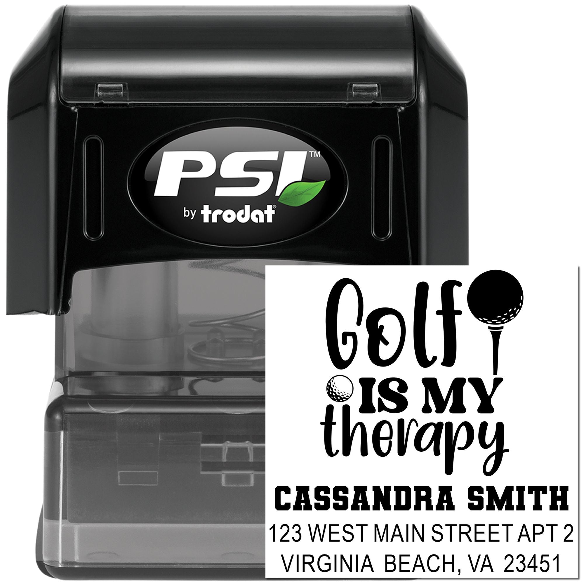 Custom golf self-inking rubber stamp by PSI Trodat with Golf Is My Therapy return address design.