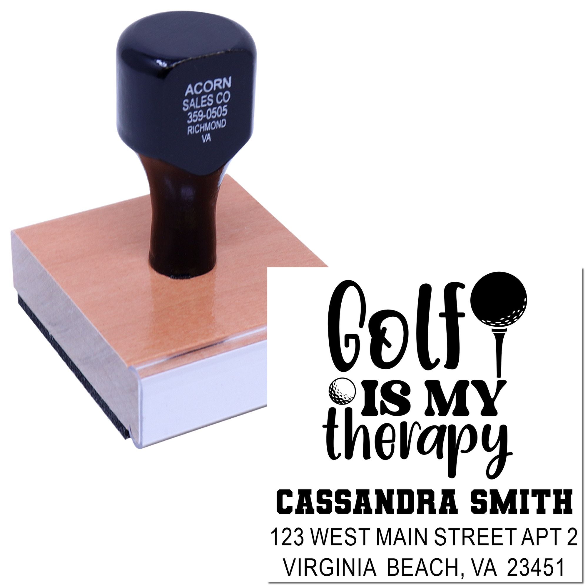 Custom golf-themed address rubber stamp with Golf Is My Therapy design, name, and Virginia Beach, VA address.
