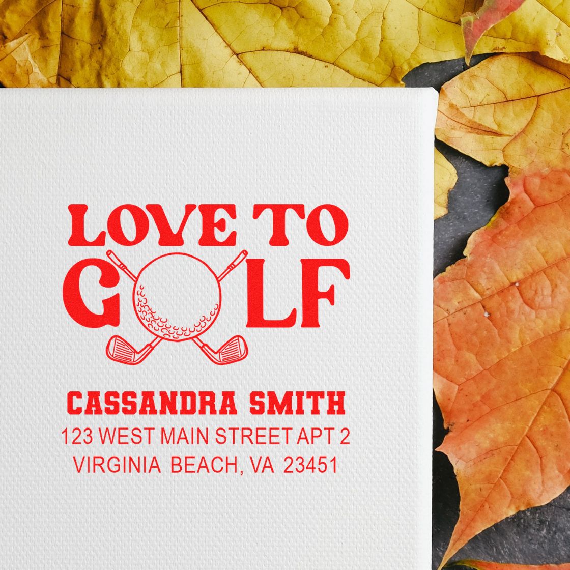 Custom golf return address rubber stamp with Love to Golf design, name, and Virginia Beach mailing address.