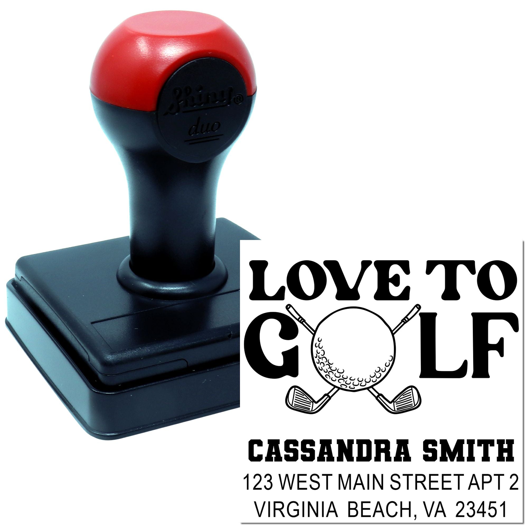 Custom self-inking rubber address stamp with Love to Golf golfer design and personalized name and address.