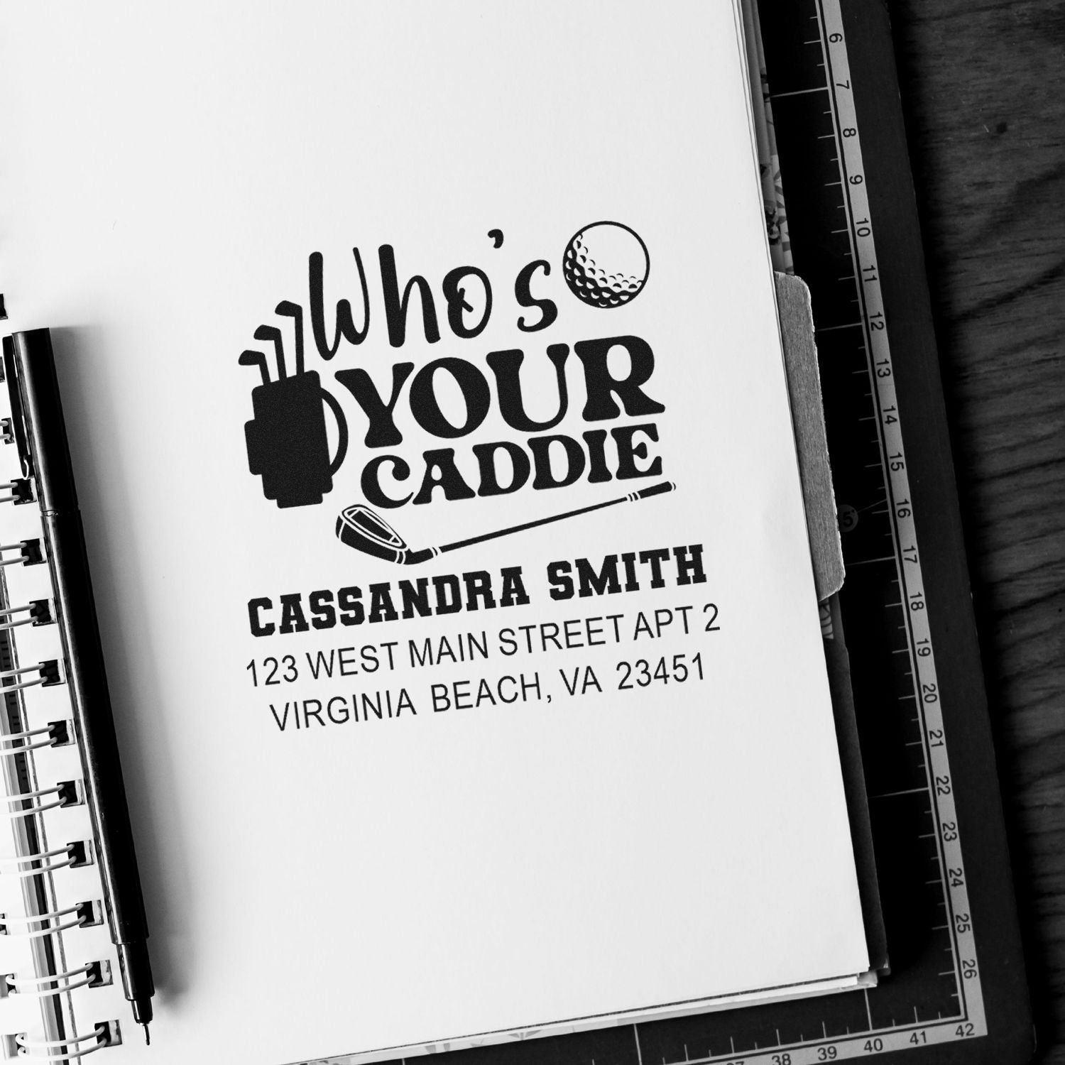 Custom golf address rubber stamp with Whos Your Caddie and personalized name and address for golfer stationery.