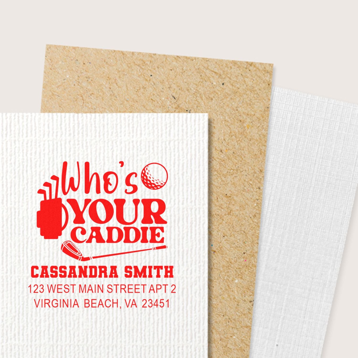 Personalized golf return address rubber stamp with Whos Your Caddie design for Cassandra Smith in Virginia Beach.