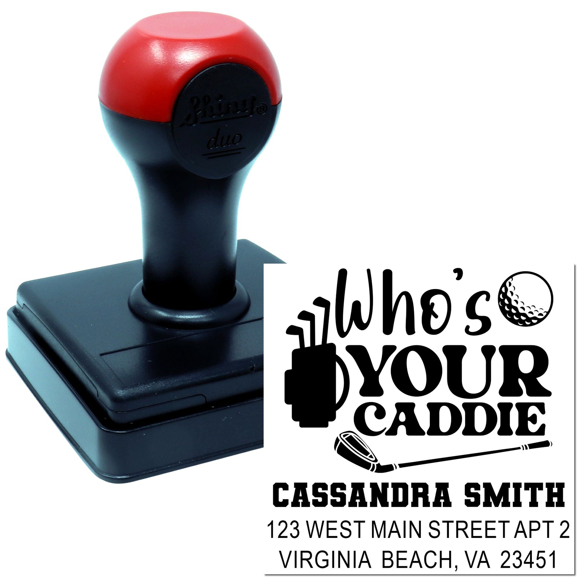 Custom self-inking rubber stamp with golf-themed return address design for personalized mailings.