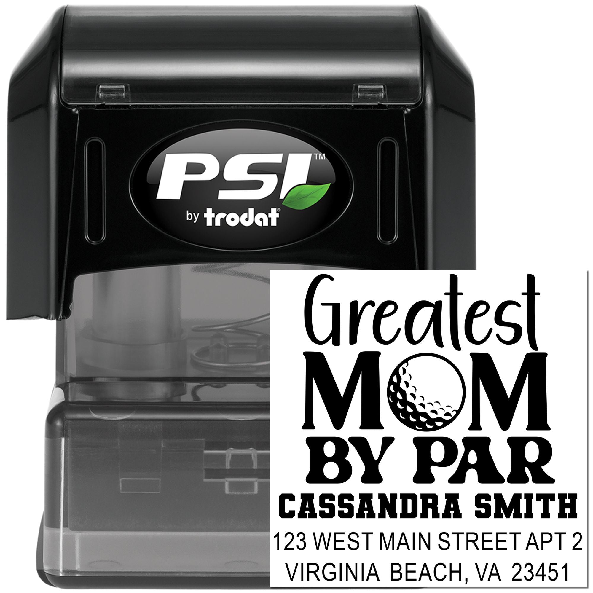 Personalized self-inking rubber stamp with Greatest Mom by Par design and return address, PSI by Trodat.