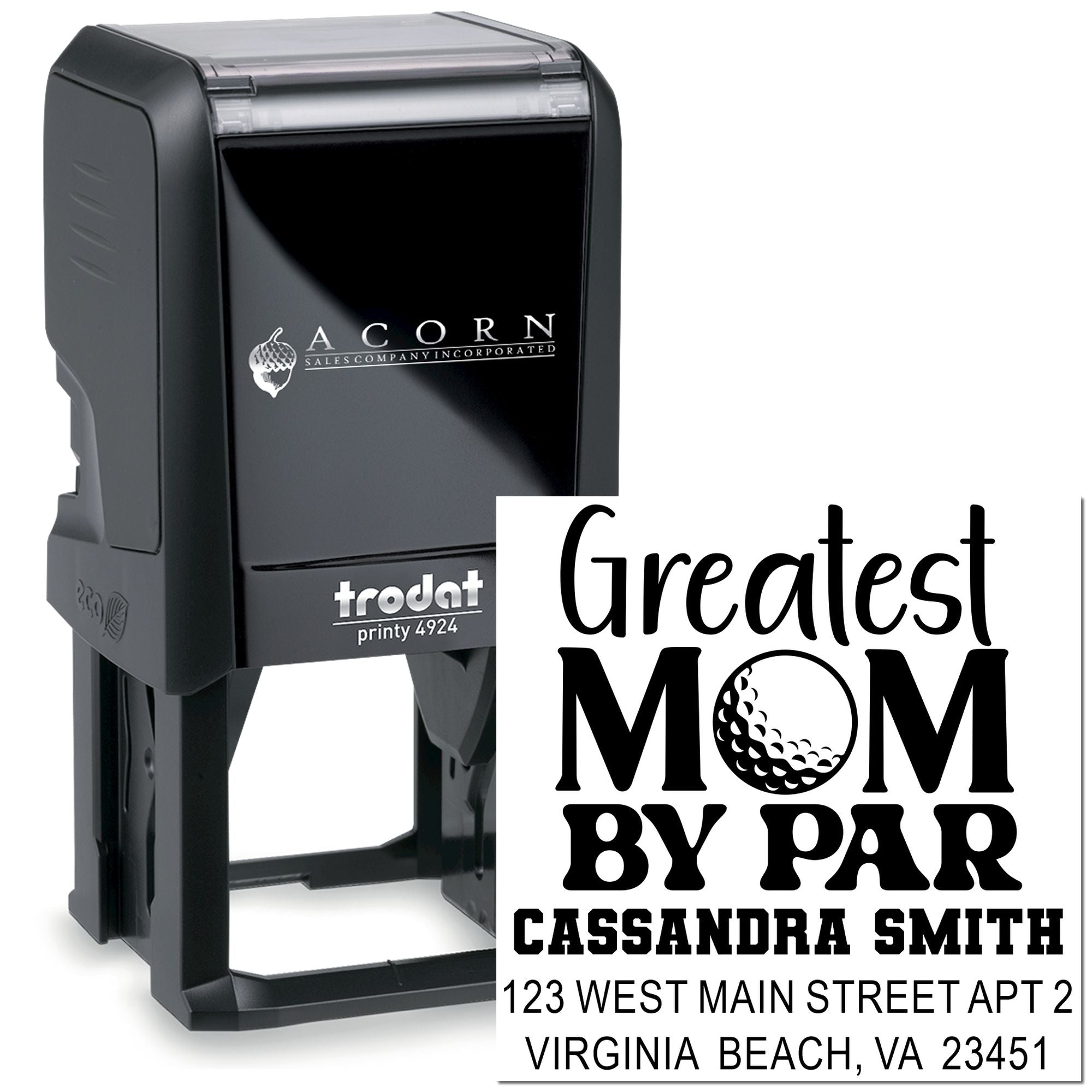 Custom self-inking rubber stamp showing Greatest Mom by Far personalized address stamp design for Mothers Day.