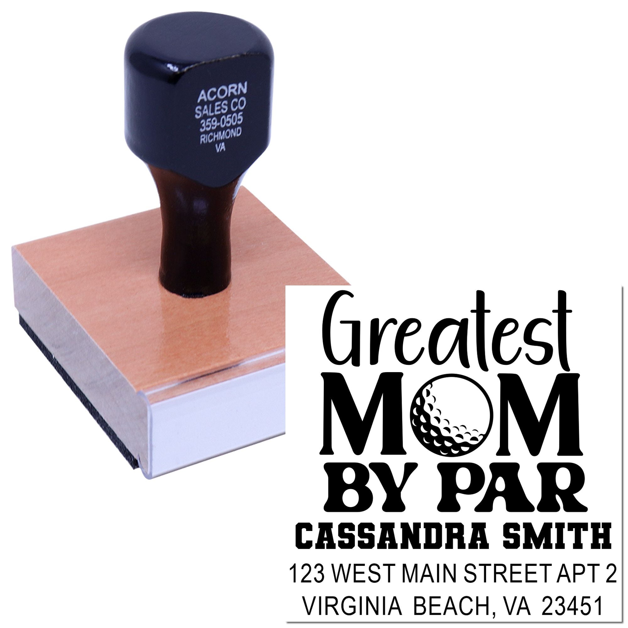 Custom rubber stamp featuring Greatest Mom by Par design with personalized name and address for cards, gifts, or stationery.